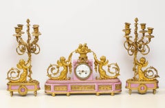 Exquisite French Ormolu and Pink Porcelain Clock Set after Francois Remond