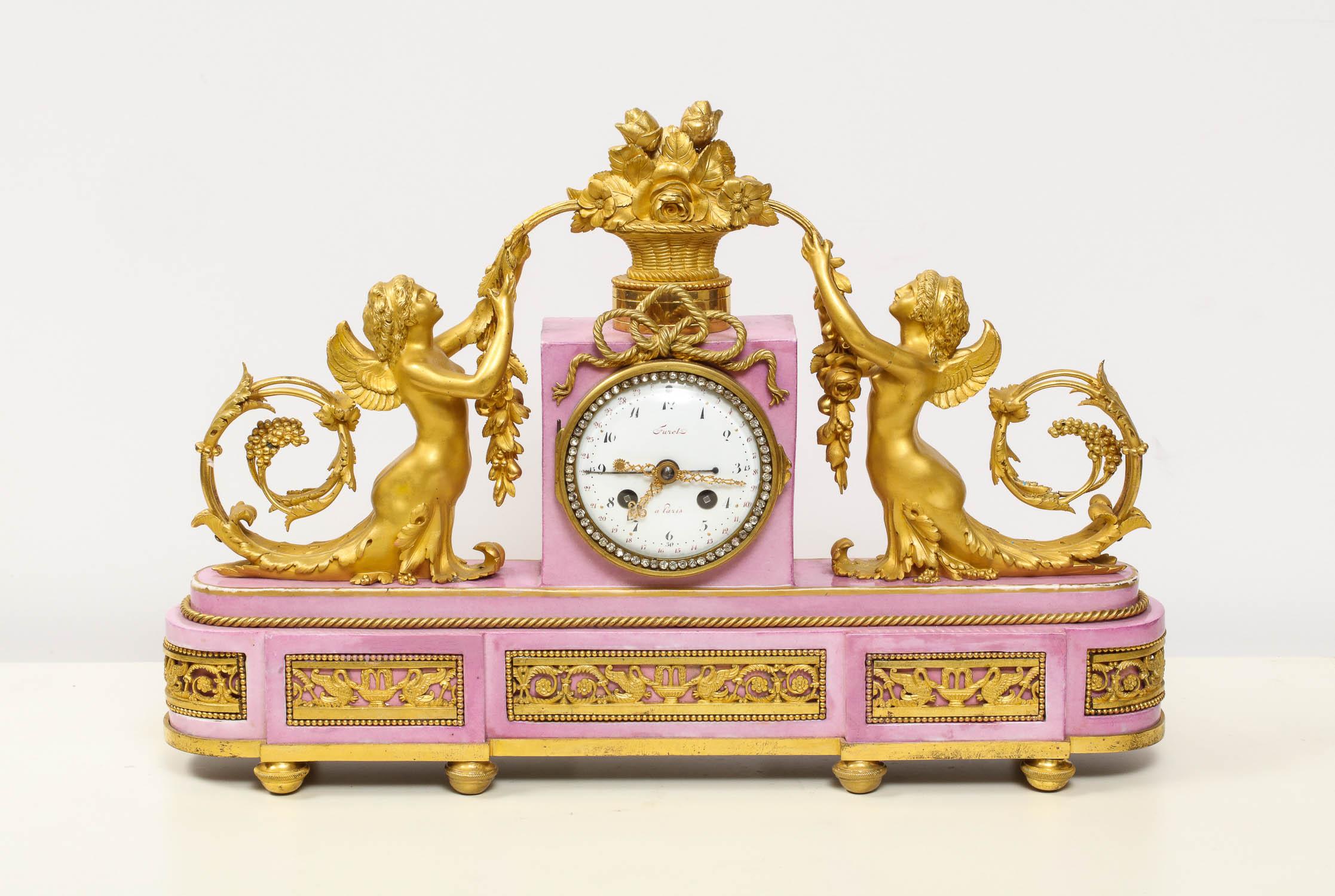 Louis XVI Exquisite French Ormolu and Pink Porcelain Clock Set after Francois Remond