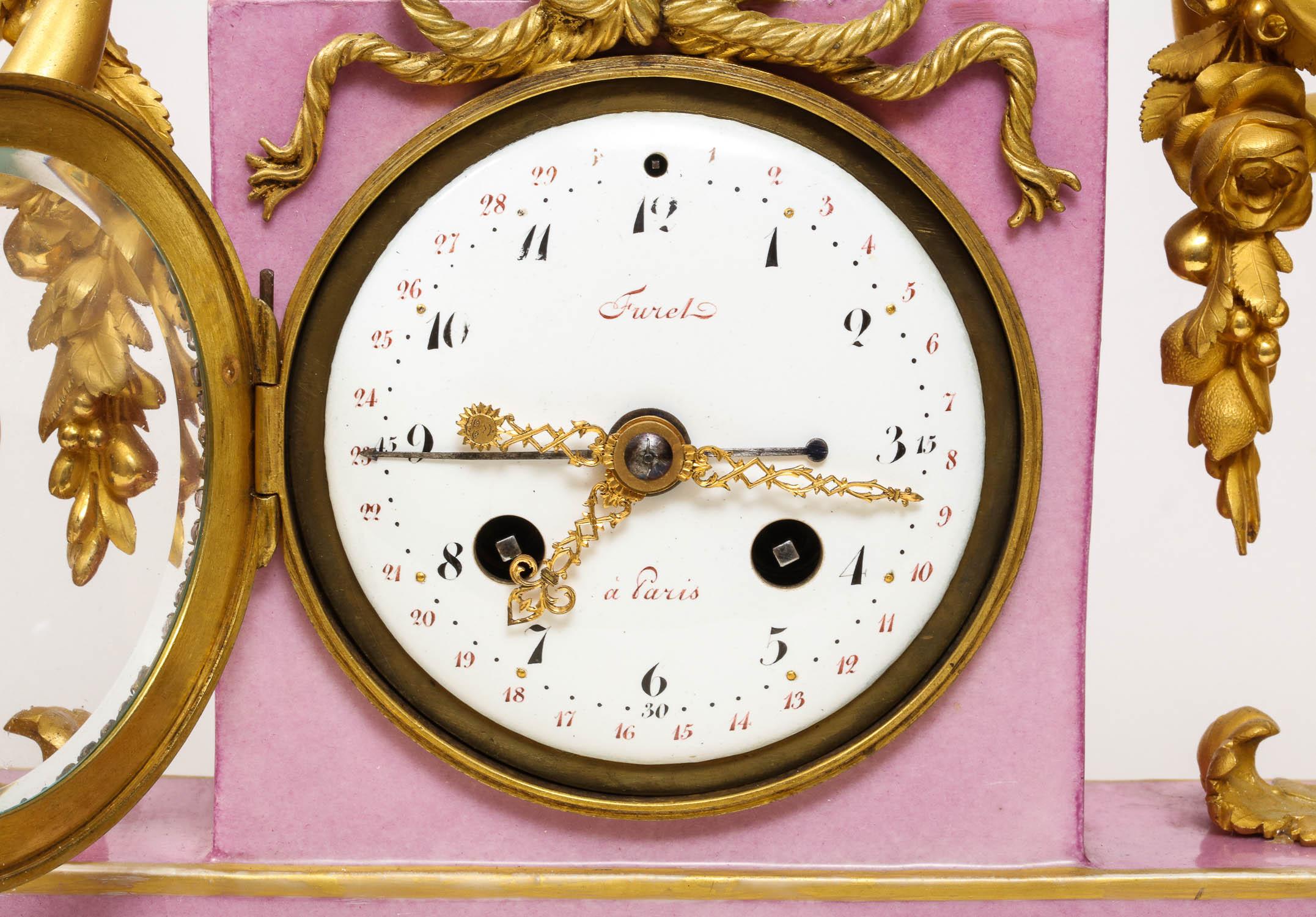 Exquisite French Ormolu and Pink Porcelain Clock Set after Francois Remond In Good Condition In New York, NY