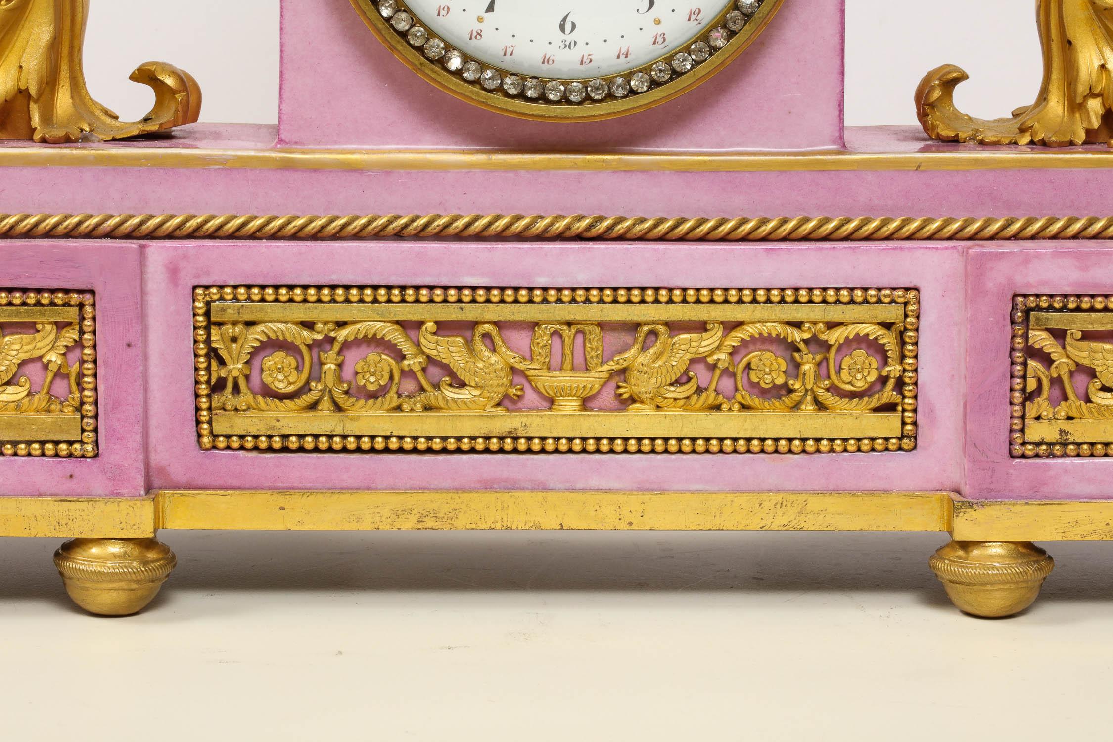 18th Century Exquisite French Ormolu and Pink Porcelain Clock Set after Francois Remond