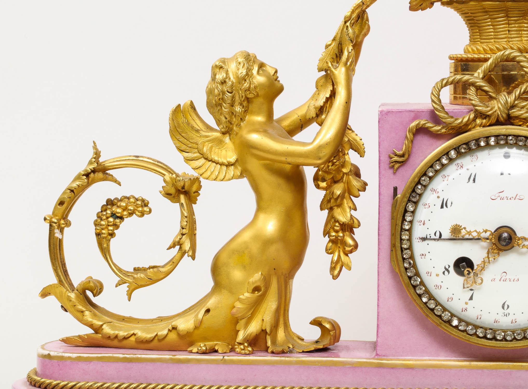 Exquisite French Ormolu and Pink Porcelain Clock Set after Francois Remond 1