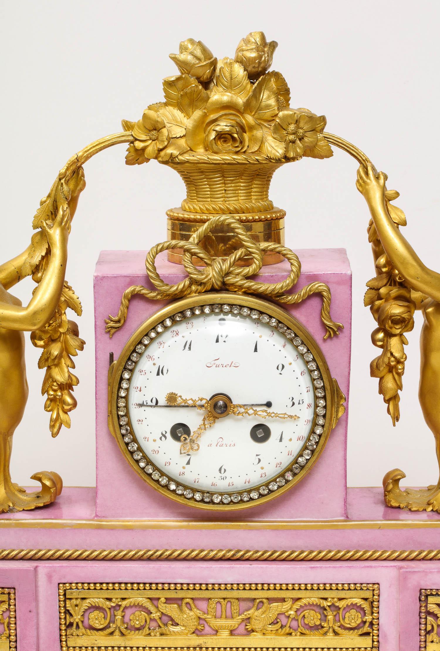 Exquisite French Ormolu and Pink Porcelain Clock Set after Francois Remond 2