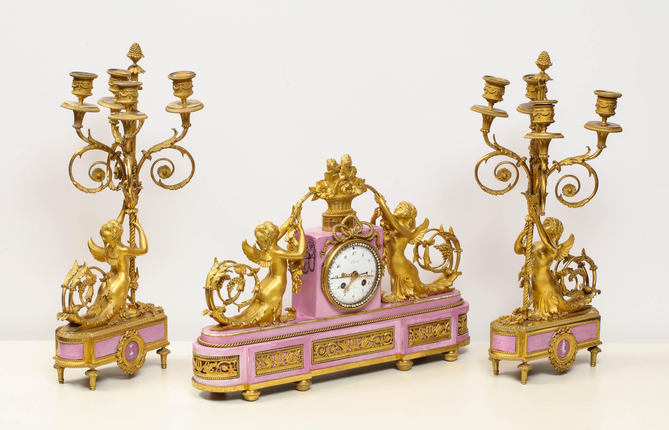 Exquisite French Ormolu and Pink Porcelain Clock Set after Francois Remond 3