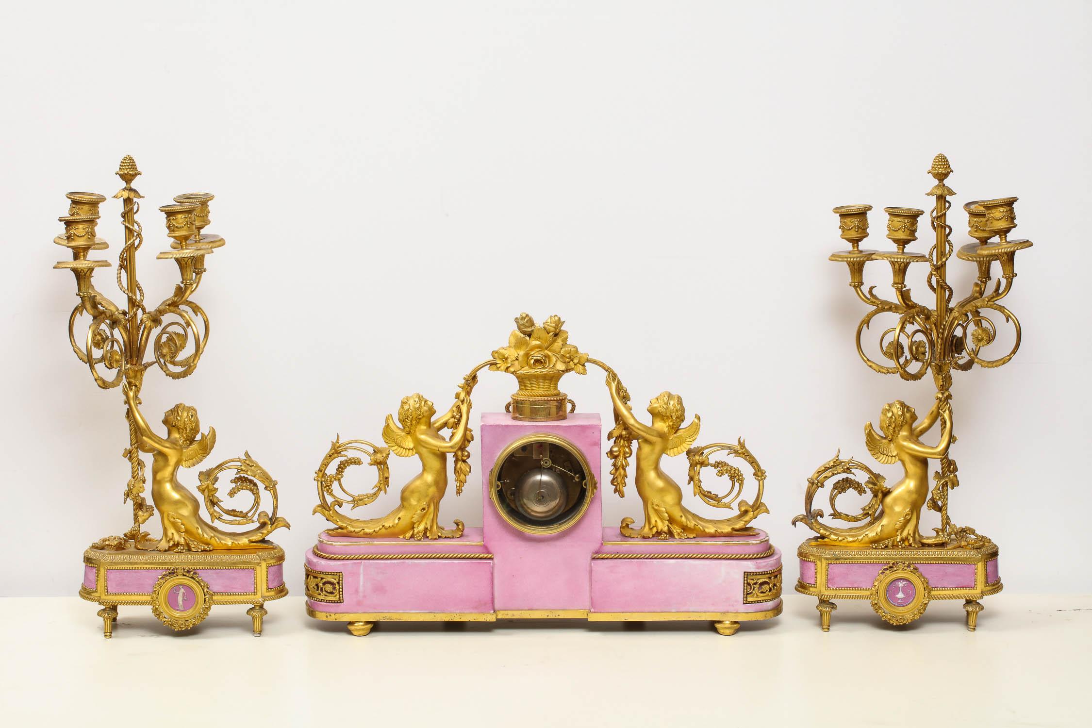 Exquisite French Ormolu and Pink Porcelain Clock Set after Francois Remond 4