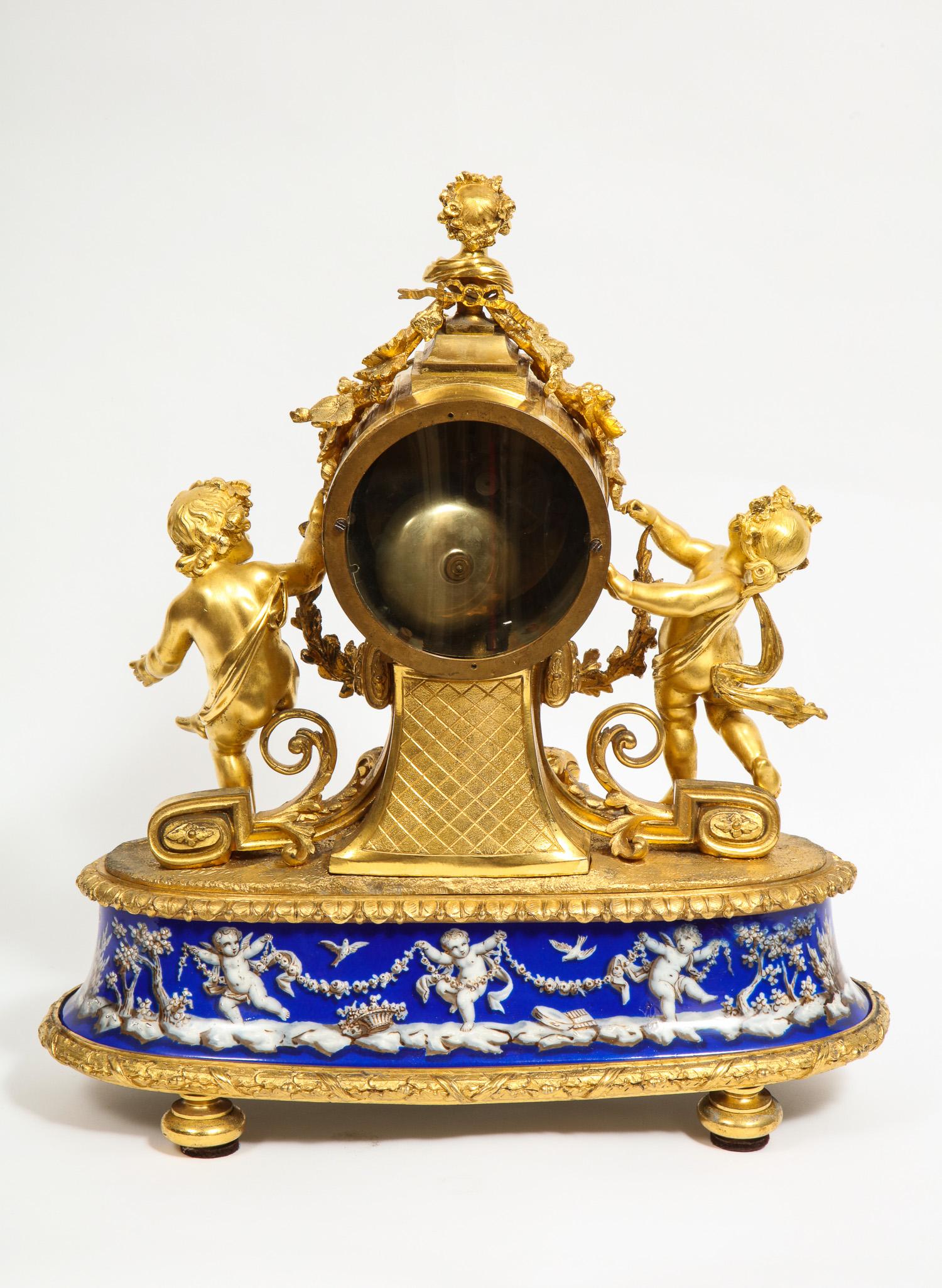 Exquisite French Ormolu Bronze and Blue Porcelain Mounted Three-Piece Clock Set 5