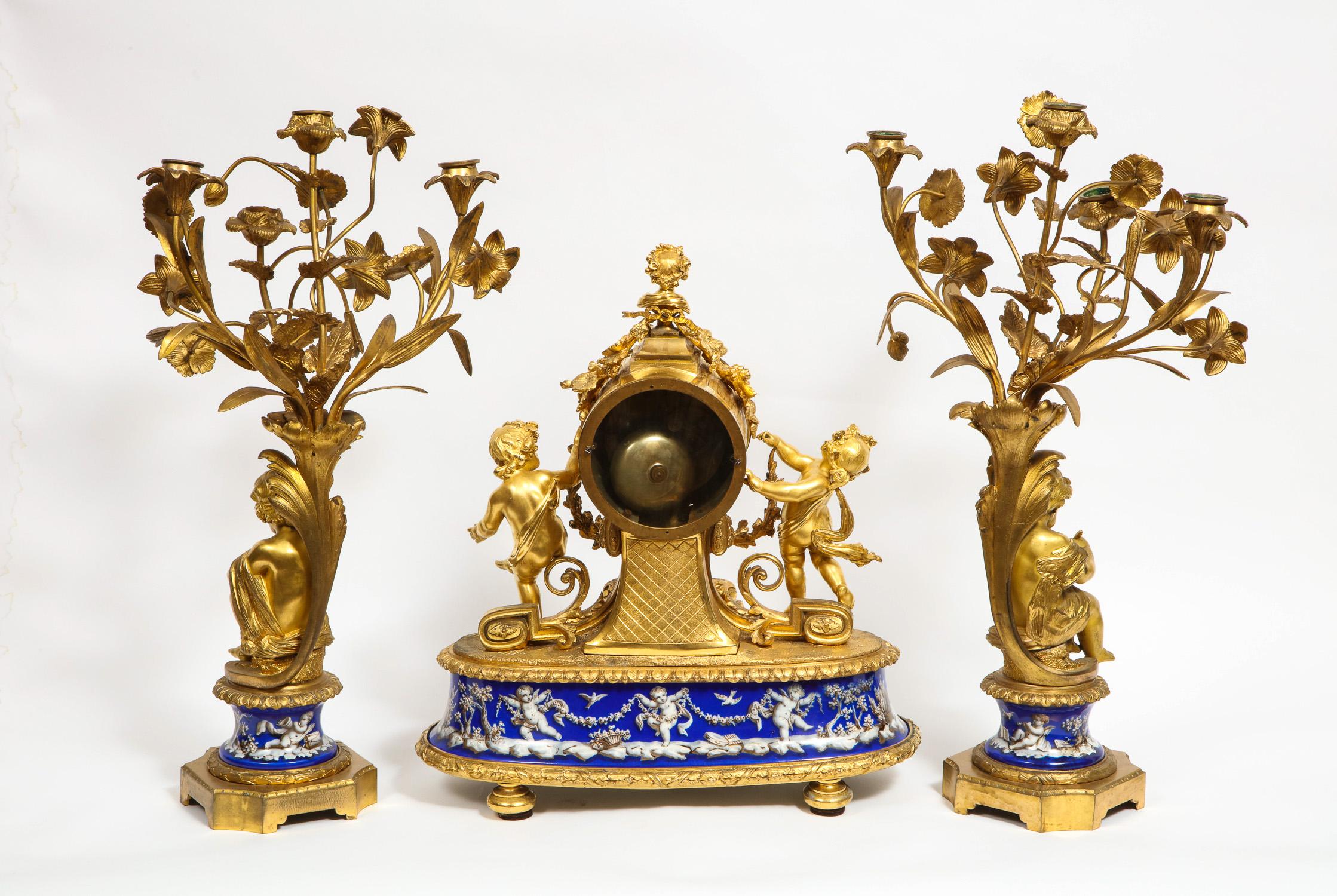 Exquisite French Ormolu Bronze and Blue Porcelain Mounted Three-Piece Clock Set 9