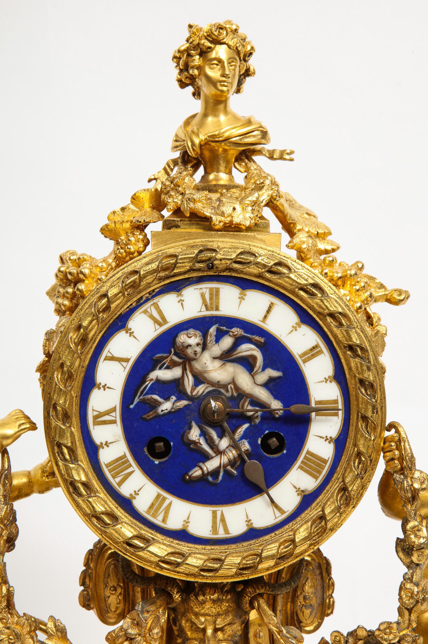 19th Century Exquisite French Ormolu Bronze and Blue Porcelain Mounted Three-Piece Clock Set
