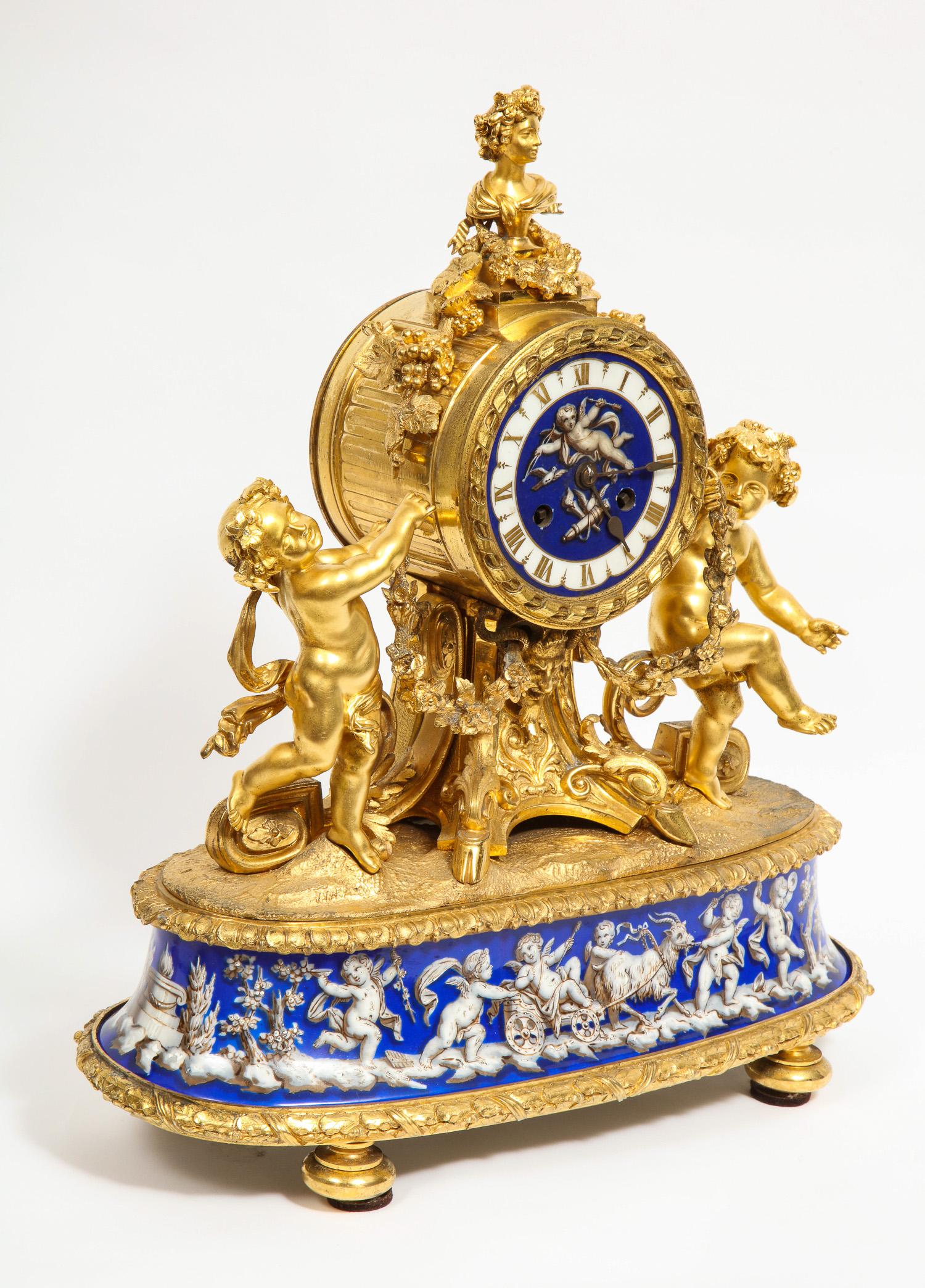 Exquisite French Ormolu Bronze and Blue Porcelain Mounted Three-Piece Clock Set 3