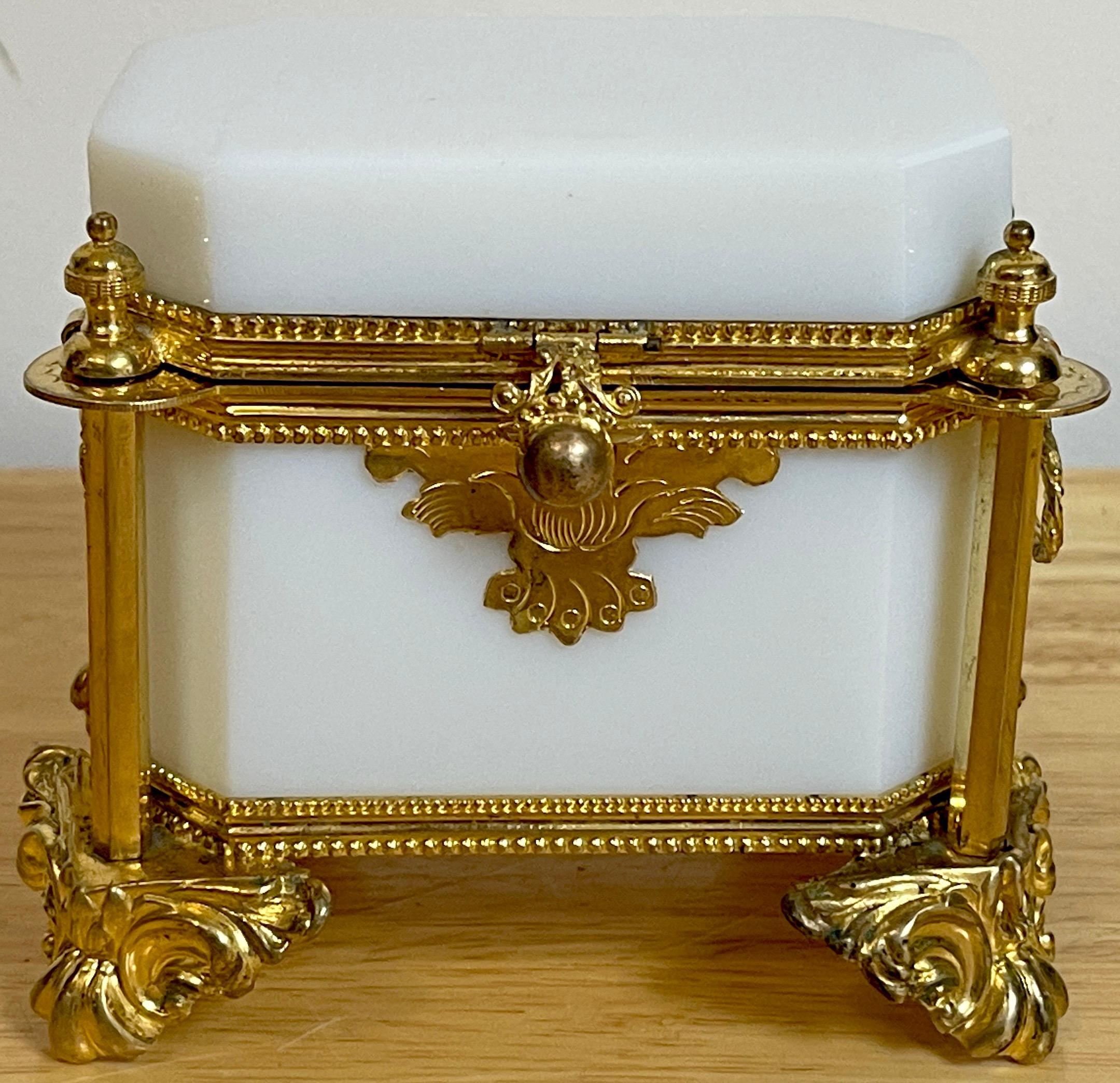 High Victorian Exquisite French Ormolu Mounted White Opaline Diminutive Box, C 1865