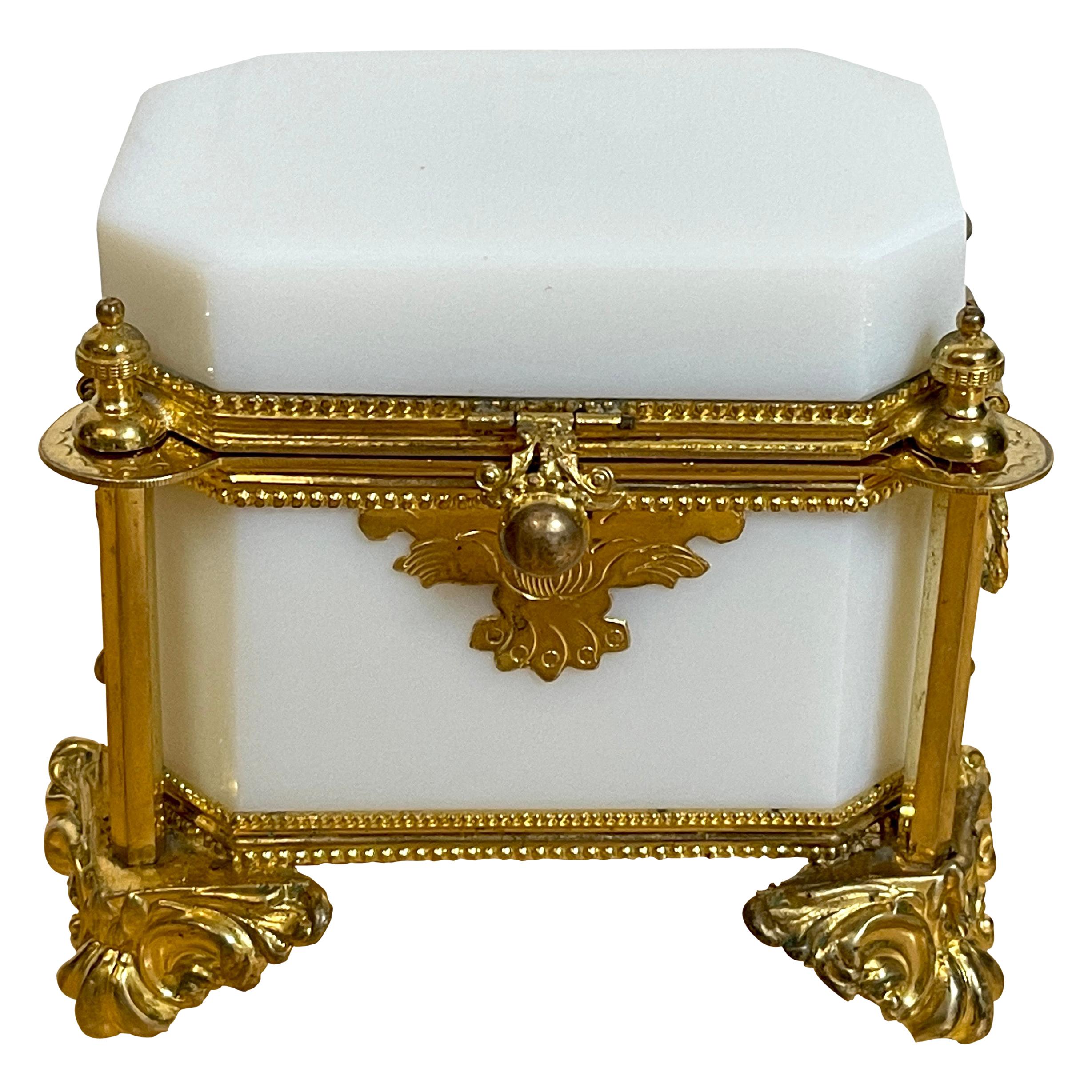 Exquisite French Ormolu Mounted White Opaline Diminutive Box, C 1865