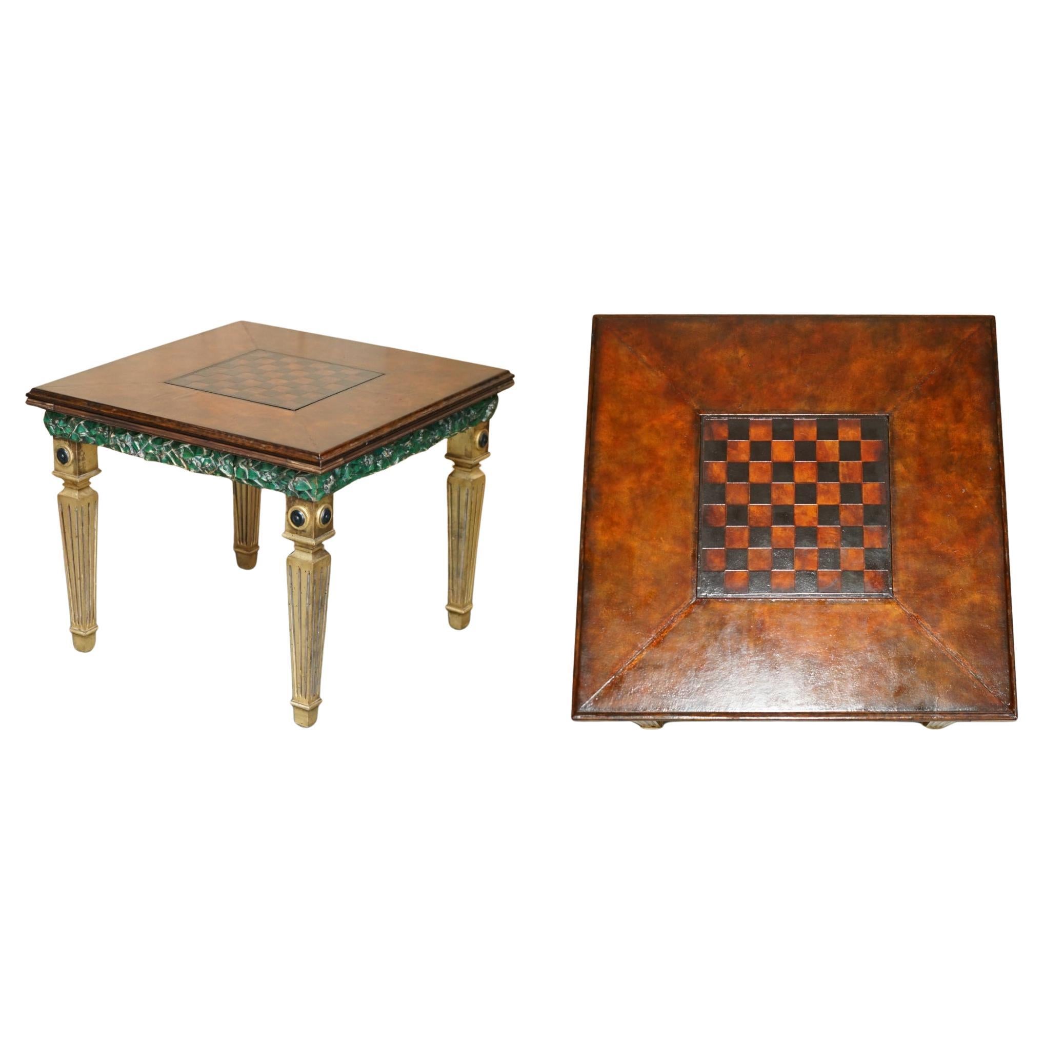 EXQUiSITE FULLY RESTORED HAND DYED BROWN LEATHER CHESSBOARD CHESS GAMES TABLE For Sale