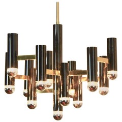 Exquisite Gaetano Sciolari Brass and Black Pearl Chandelier, Italy, 1970s