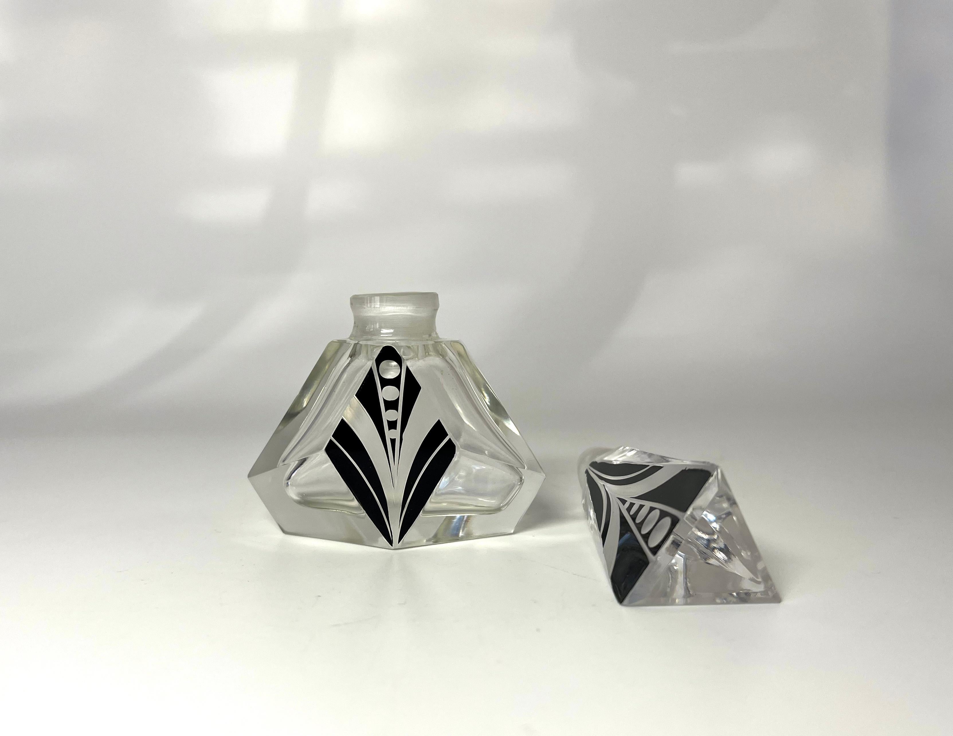 Exquisite Geometric Czech Art Deco Black Enamel Crystal Perfume Bottle 1930's For Sale 1