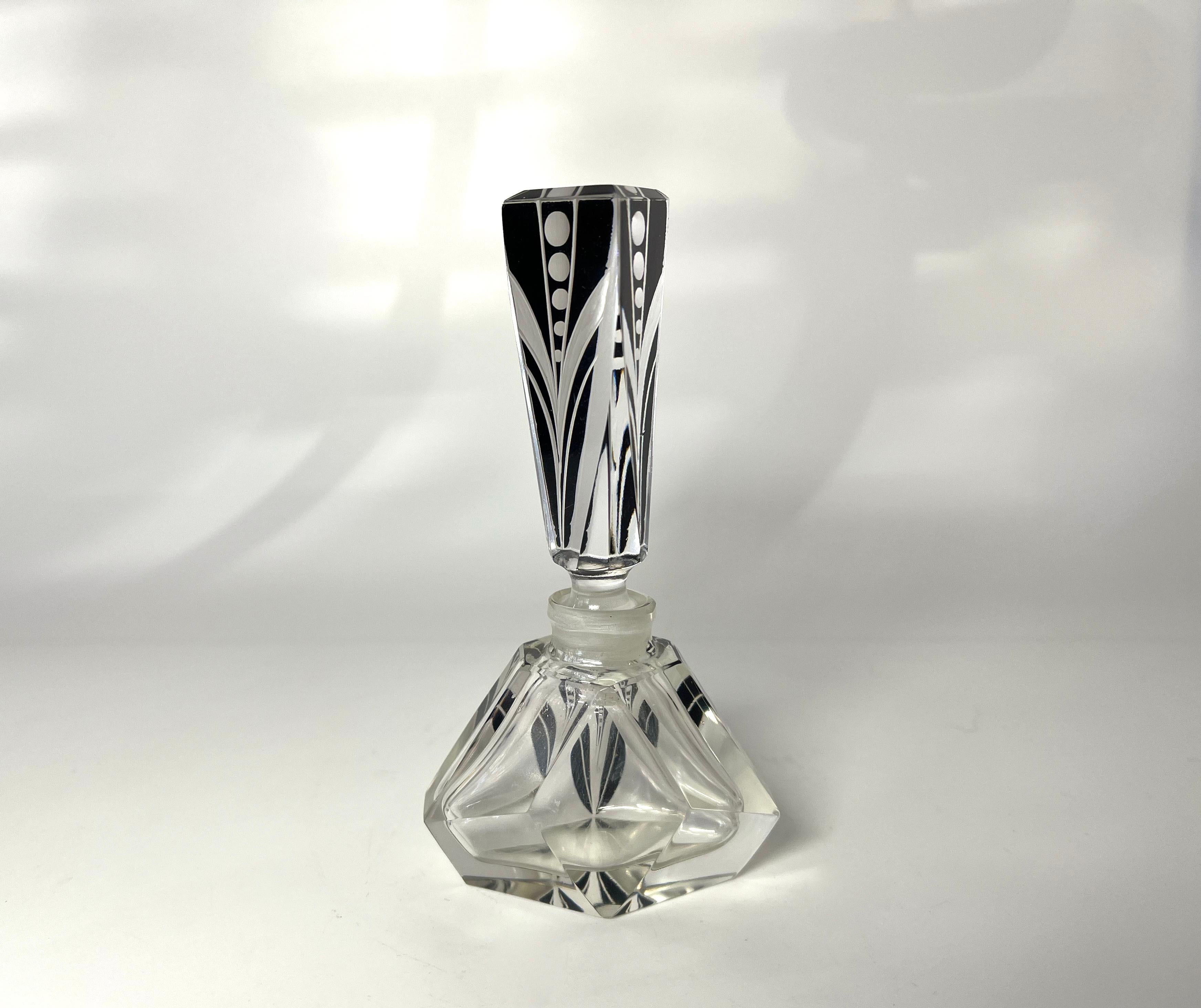 Polished Exquisite Geometric Czech Art Deco Black Enamel Crystal Perfume Bottle 1930's For Sale
