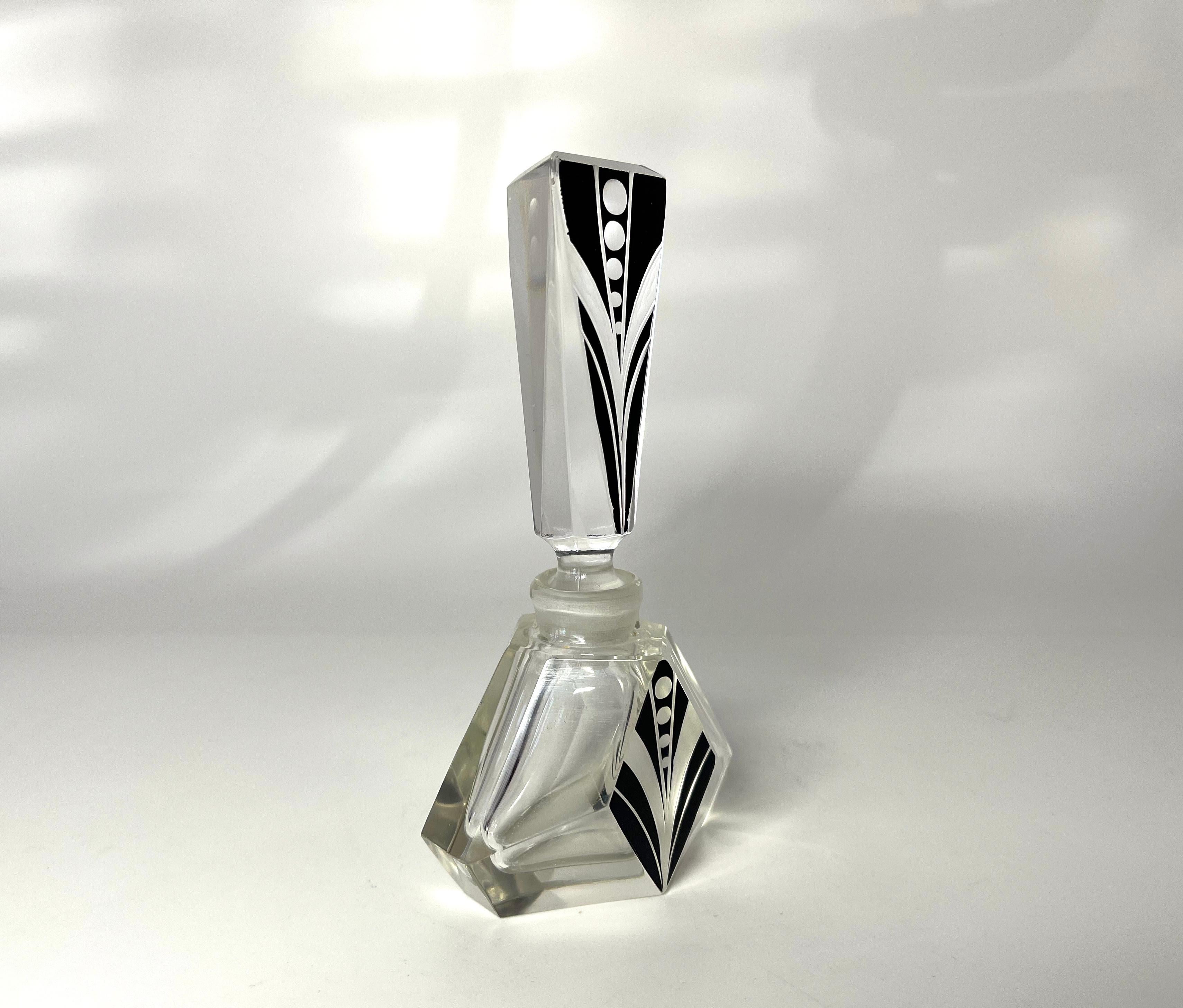 20th Century Exquisite Geometric Czech Art Deco Black Enamel Crystal Perfume Bottle 1930's For Sale