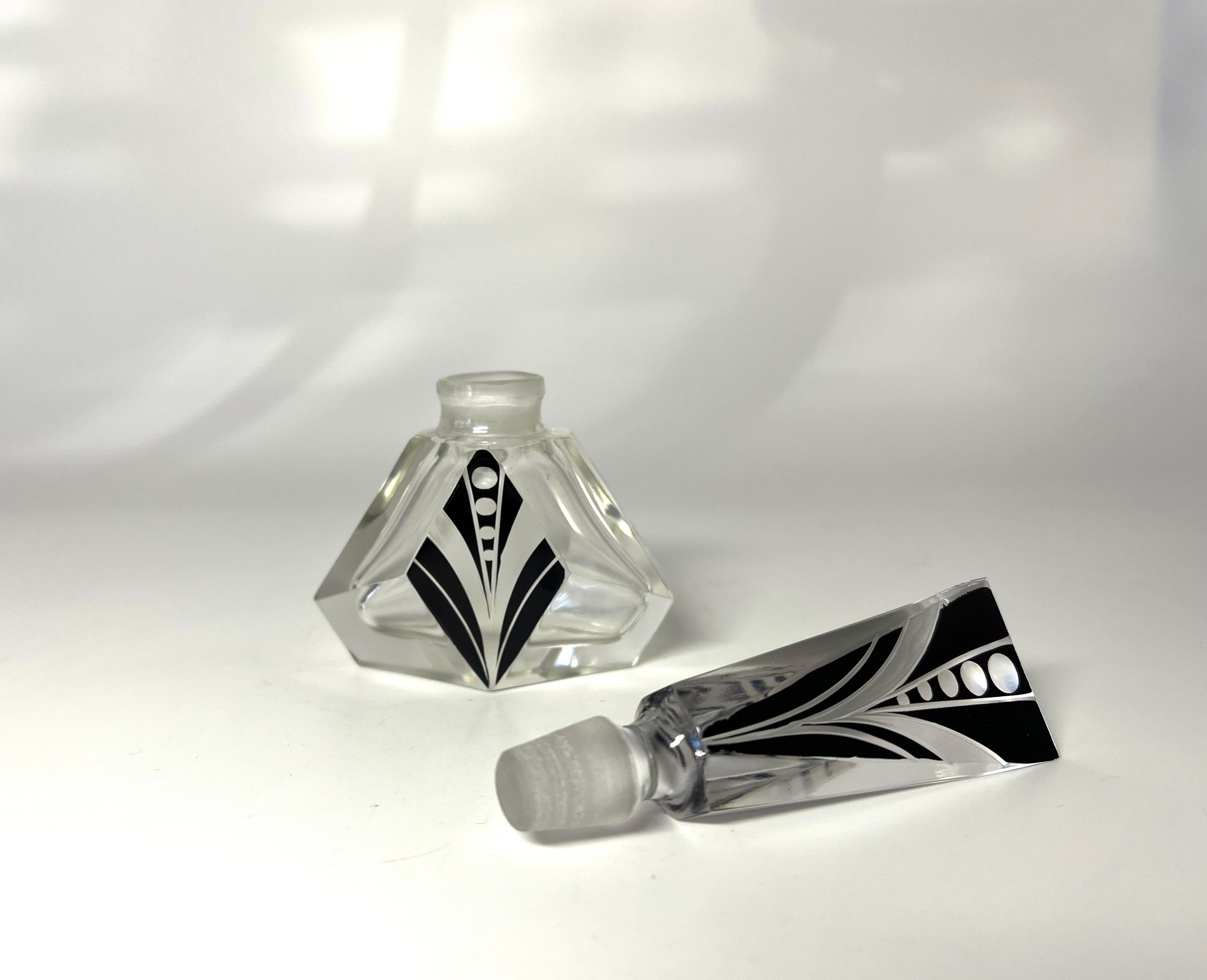 Glass Exquisite Geometric Czech Art Deco Black Enamel Crystal Perfume Bottle 1930's For Sale