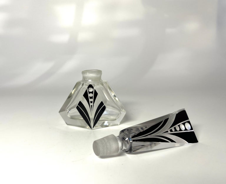 Exquisite Geometric Czech Art Deco Black Enamel Crystal Perfume Bottle  1930's For Sale at 1stDibs