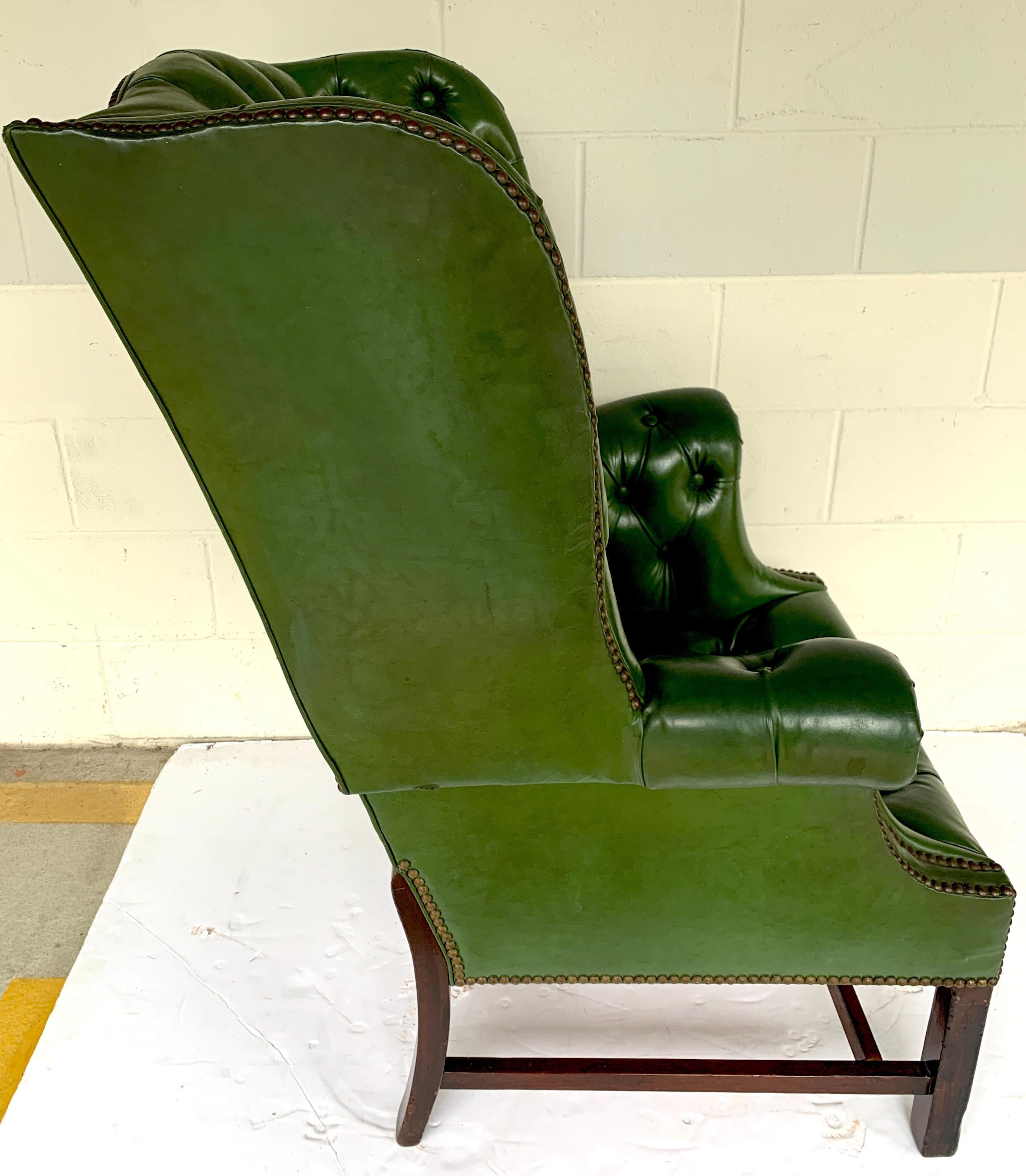 English Exquisite George III Mahogany Green Leather Chesterfield Wing Chair