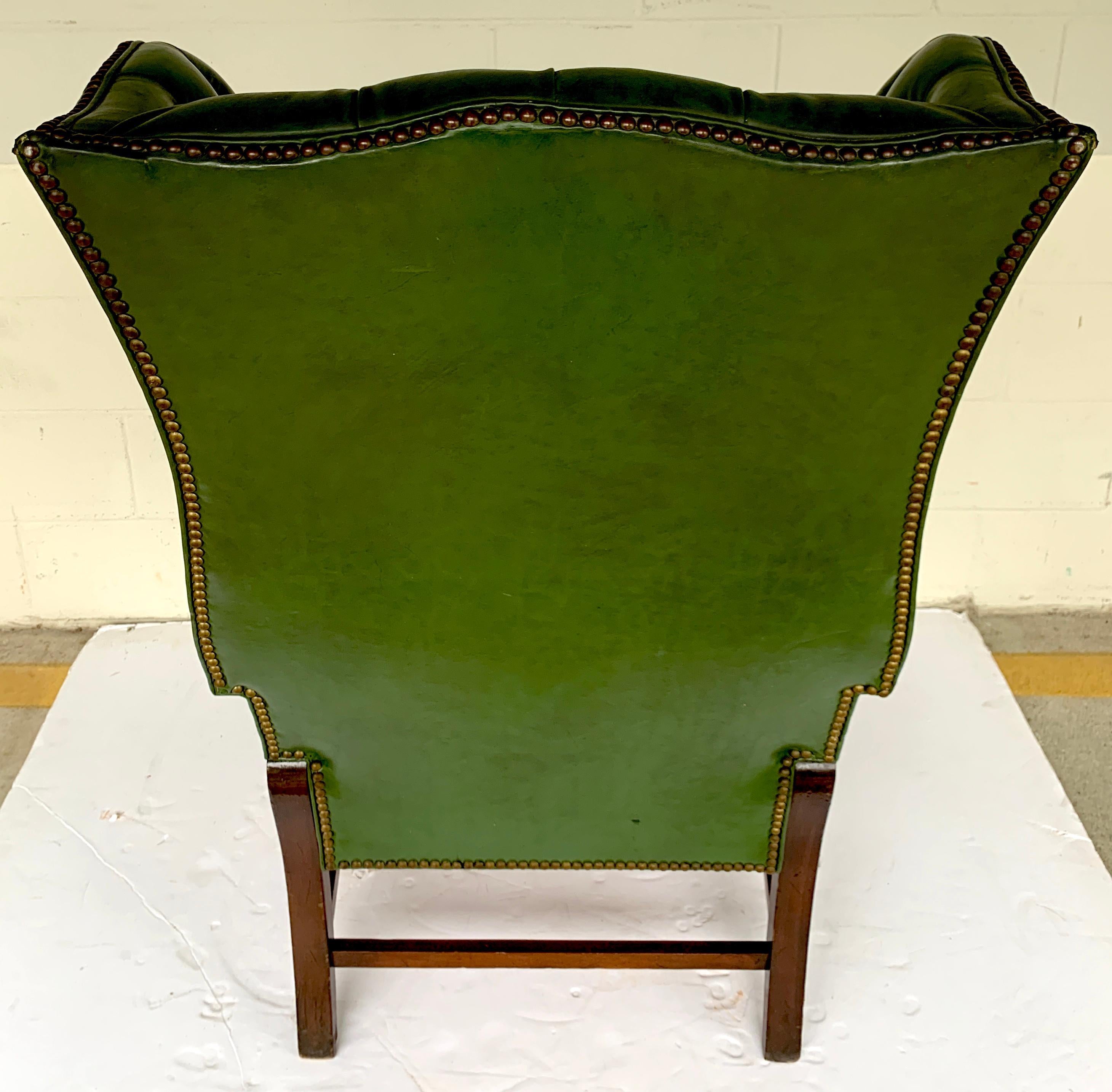 19th Century Exquisite George III Mahogany Green Leather Chesterfield Wing Chair