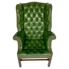 Exquisite George III Mahogany Green Leather Chesterfield Wing Chair