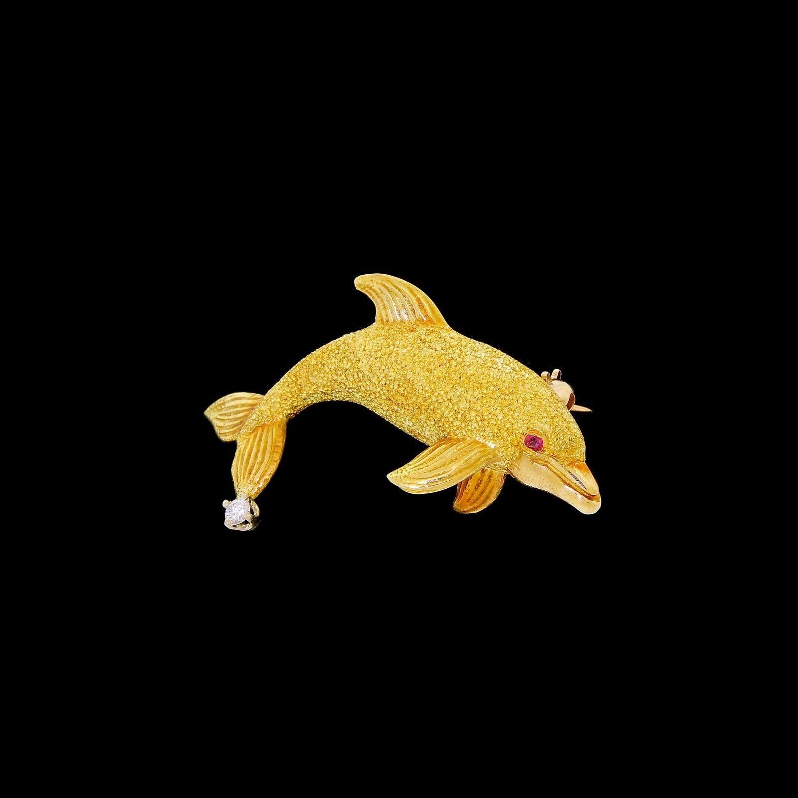 Artist Exquisite George Lederman 18 Karat Gold and Diamond Ruby Dolphin Brooch Pin