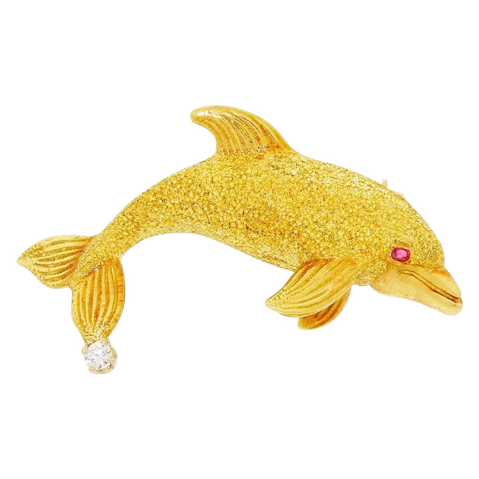 Exquisite George Lederman 18 Karat Gold and Diamond Ruby Dolphin Brooch Pin