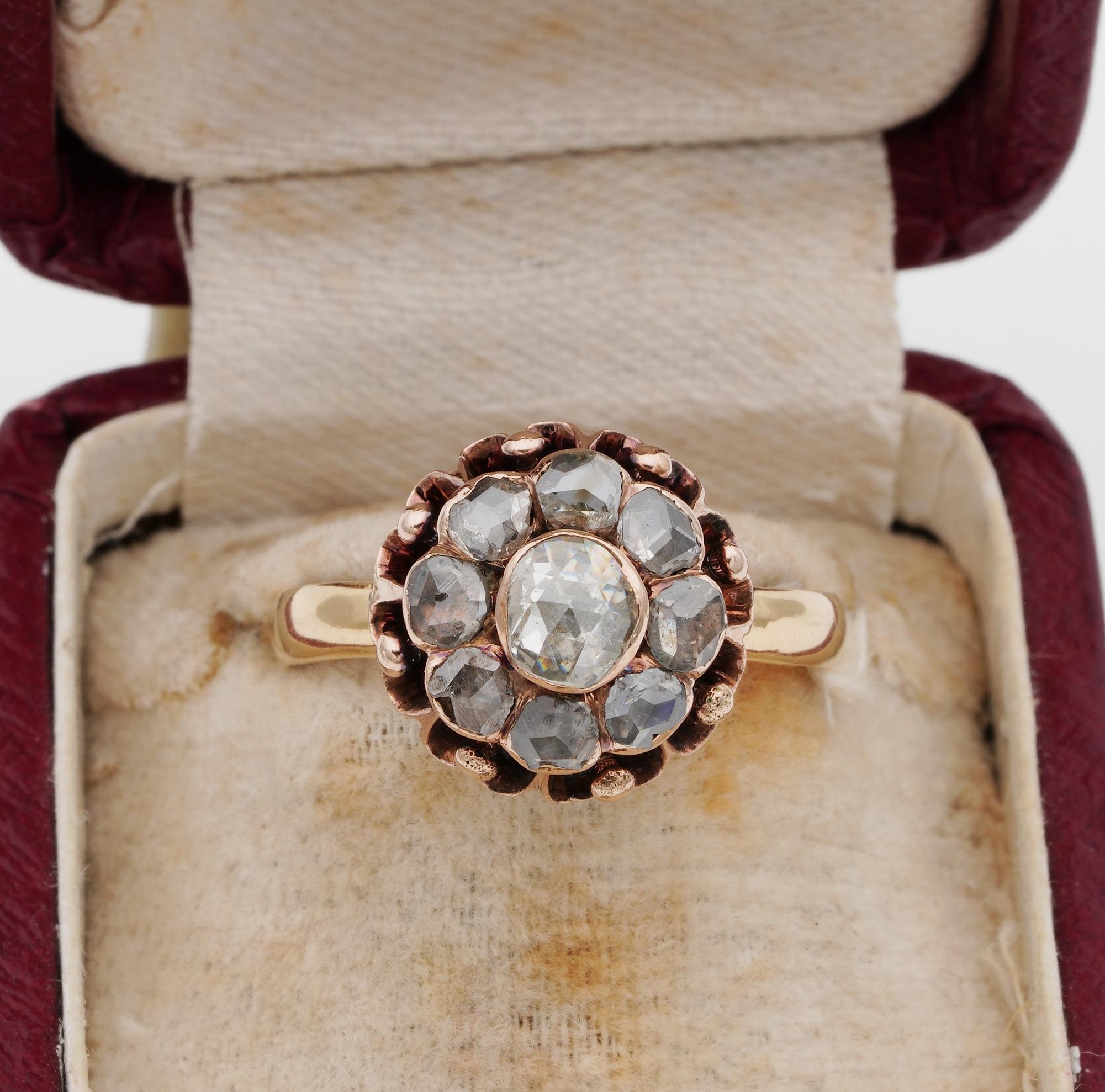 The Georgian Grace!

Divine Georgian period, gorgeously made, Diamond cluster ring 1800 ca
Not hallmarked, however professionally tested for 16 KT gold
This sweet ring, although close back setting for the Diamonds boast with enormous life and