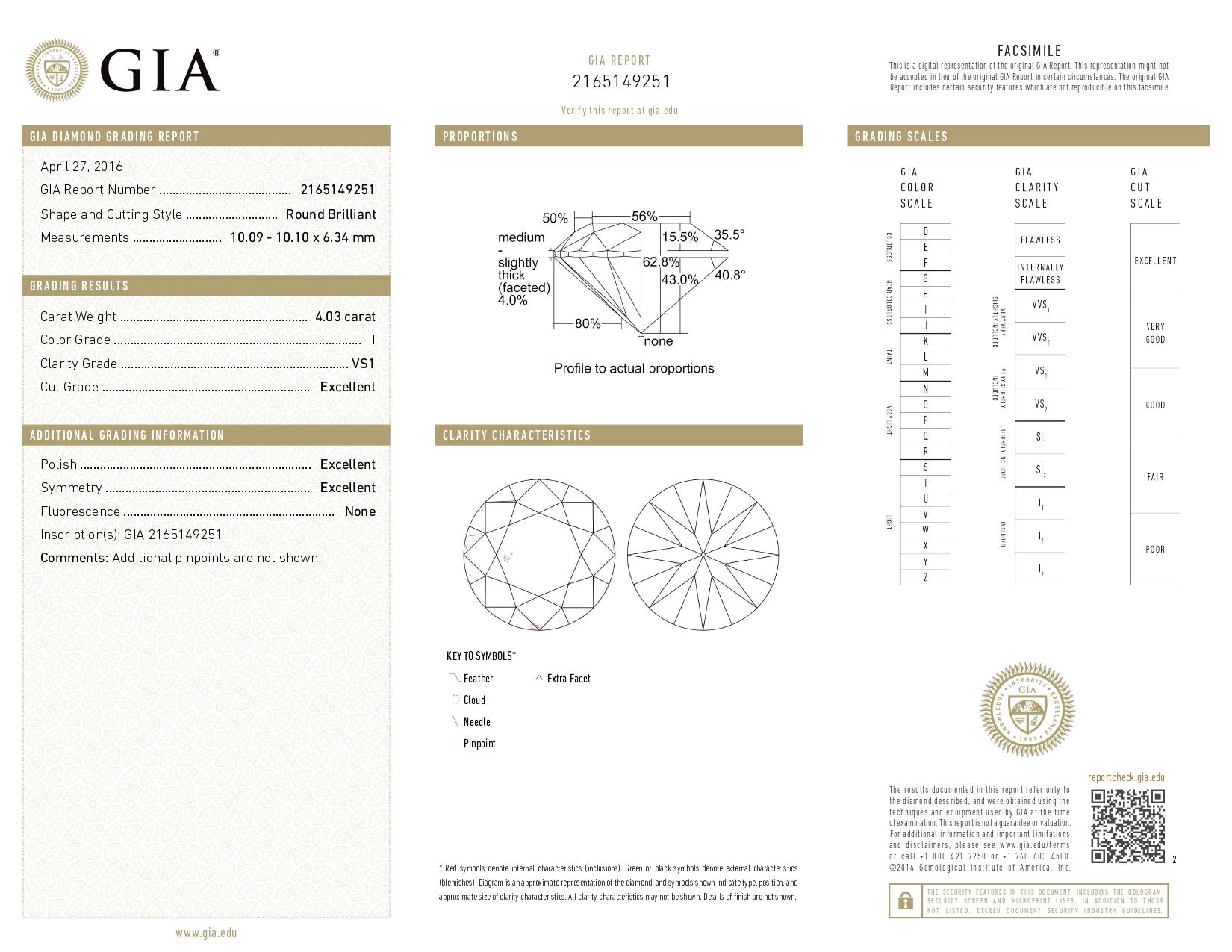 Exquisite GIA Certified 4.03 Carat Round Cut Diamond Triple Excellent Cut Ring In New Condition For Sale In Chicago, IL