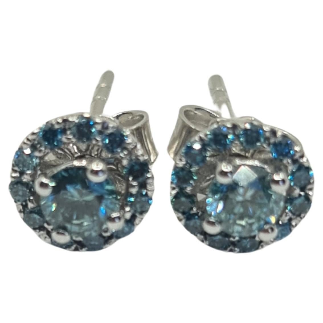 Exquisite GIA Certified Solitaire Diamond Studs 0.18/0.19 Carat Fancy Blue-Green For Sale