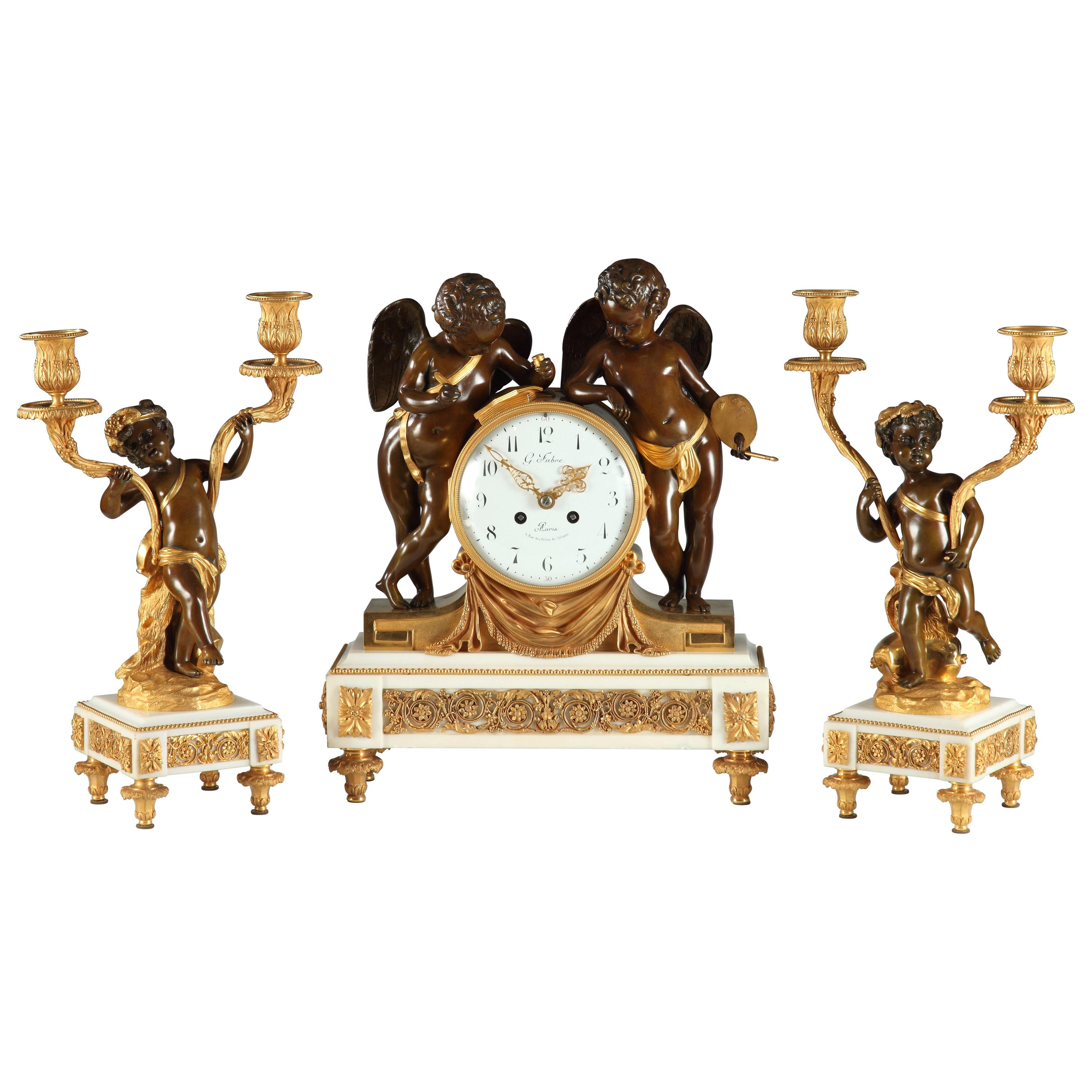 "Geniuses of the Arts" Gilded Bronze and Marble Clock Set by G. Fabre, c. 1900