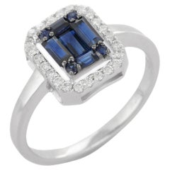 Exquisite Halo Diamond and Sapphire Cluster Ring Studded in 18K White Gold