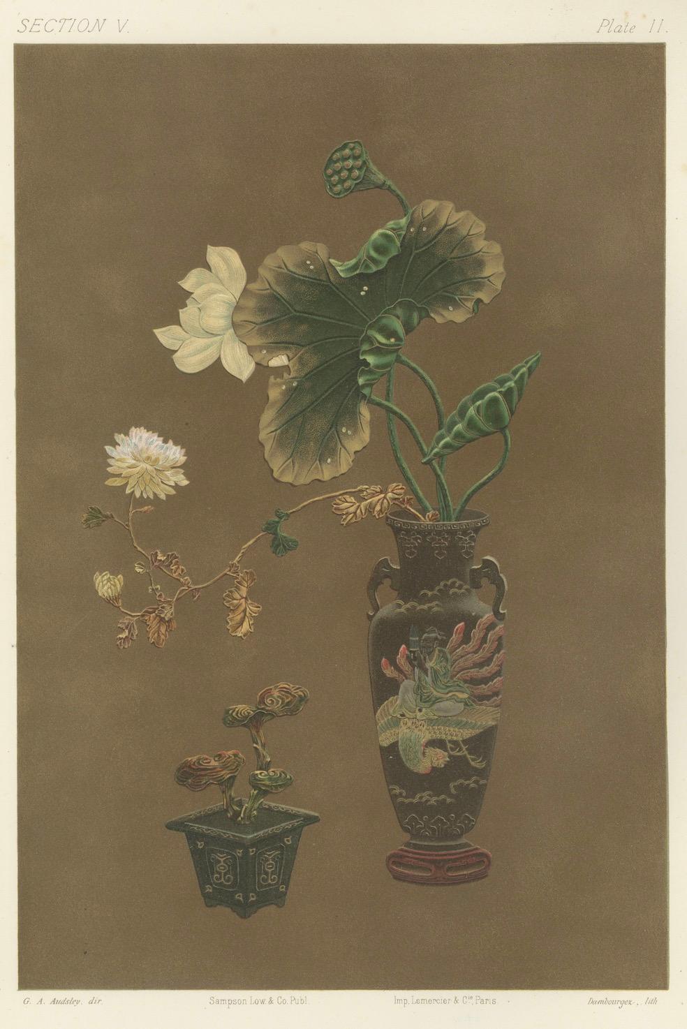 Exquisite handkolorierte Lithographie japanischer dekorativer Kunst, 1884 (Papier) im Angebot