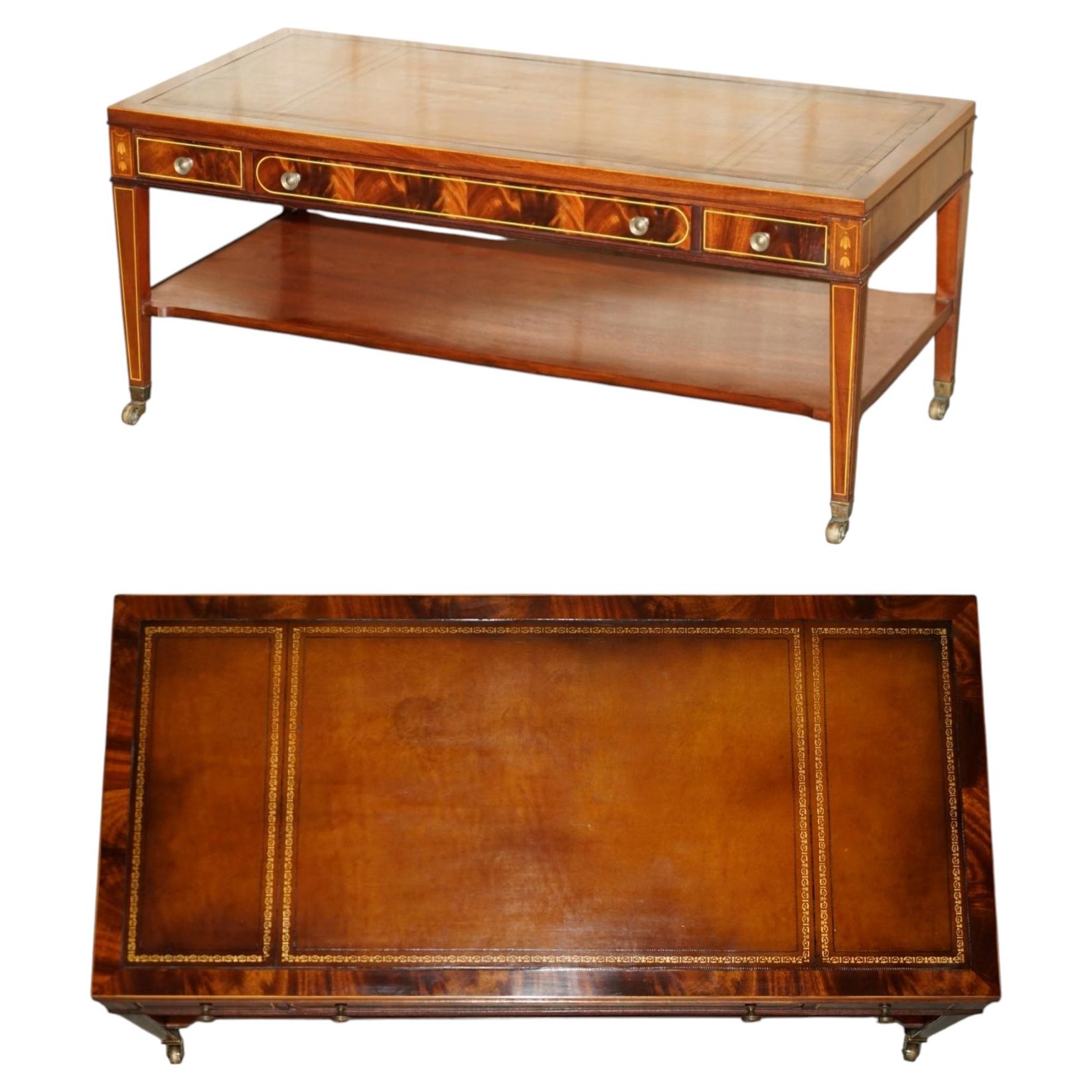 EXQUISiTE HAND DYED BROWN LEATHER SHERATON INLAID FLAMED HARDWOOD COFFEE TABLE