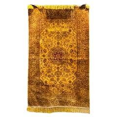 Exquisite Hand Knotted Fine Gold Silk Persian Rug Wall Art Tapestry
