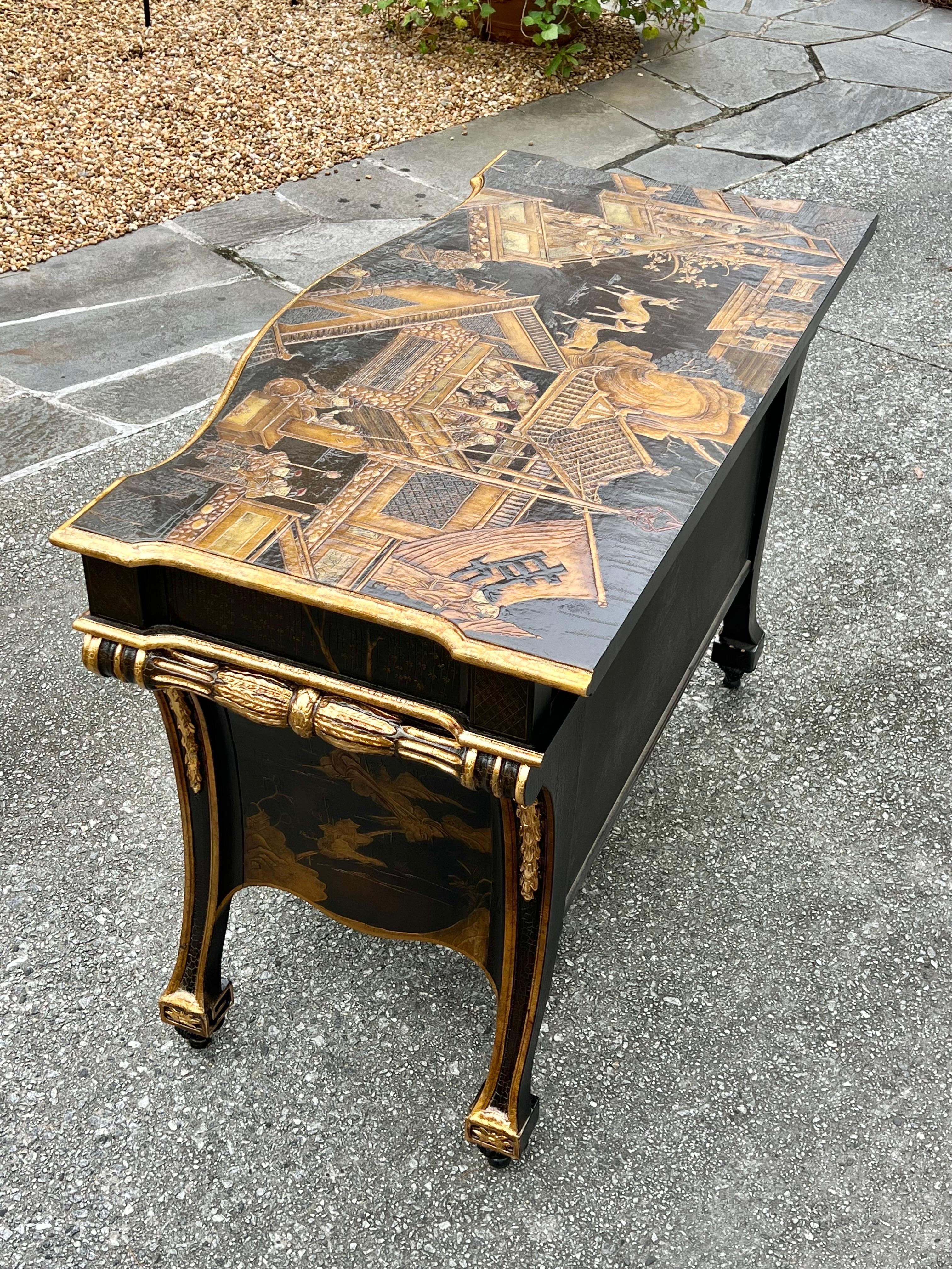 Exquisite Hand Painted Chippendale chinoiserie Commode in Black Lacquer by Baker For Sale 4
