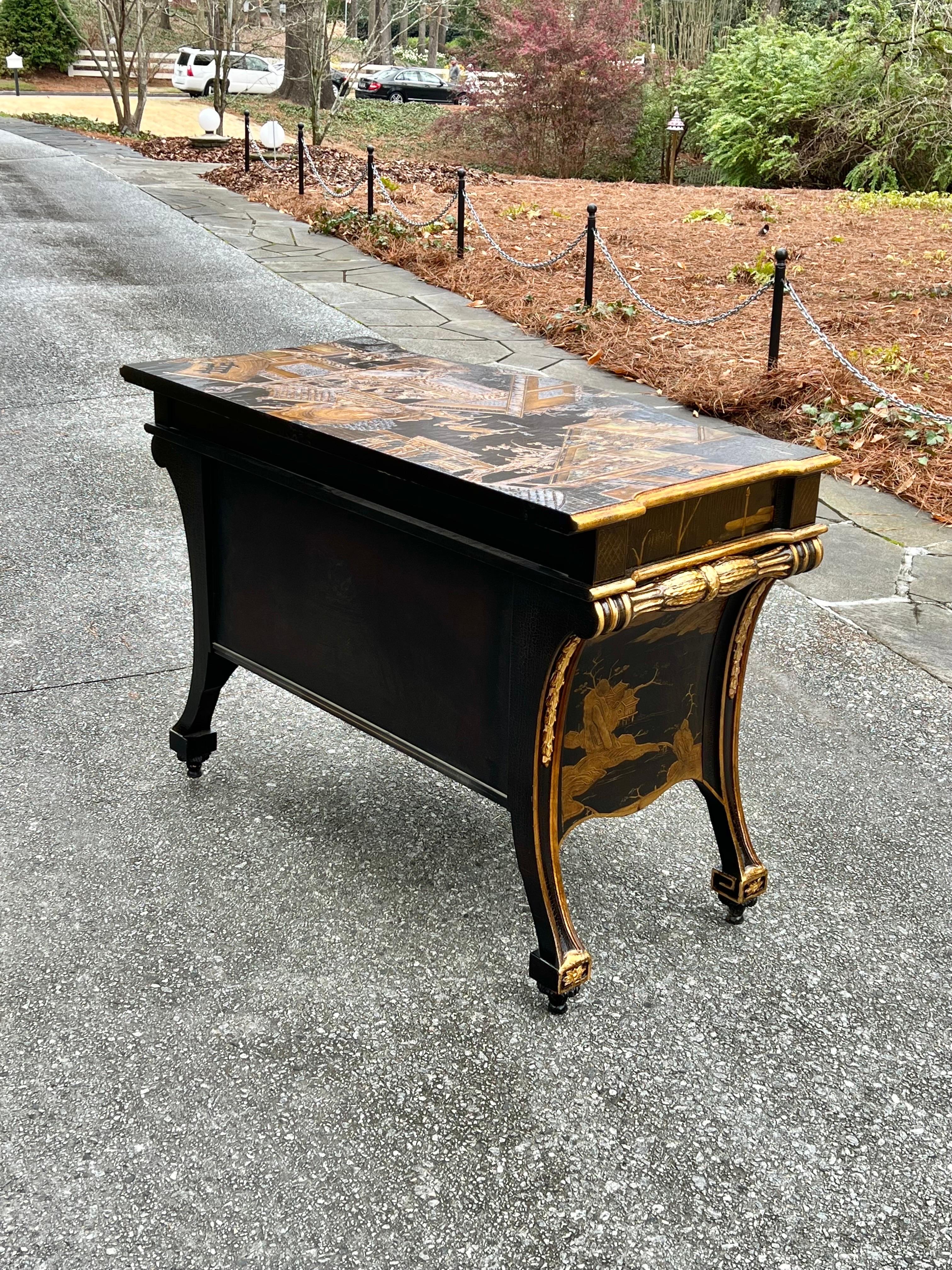 Exquisite Hand Painted Chippendale chinoiserie Commode in Black Lacquer by Baker For Sale 5