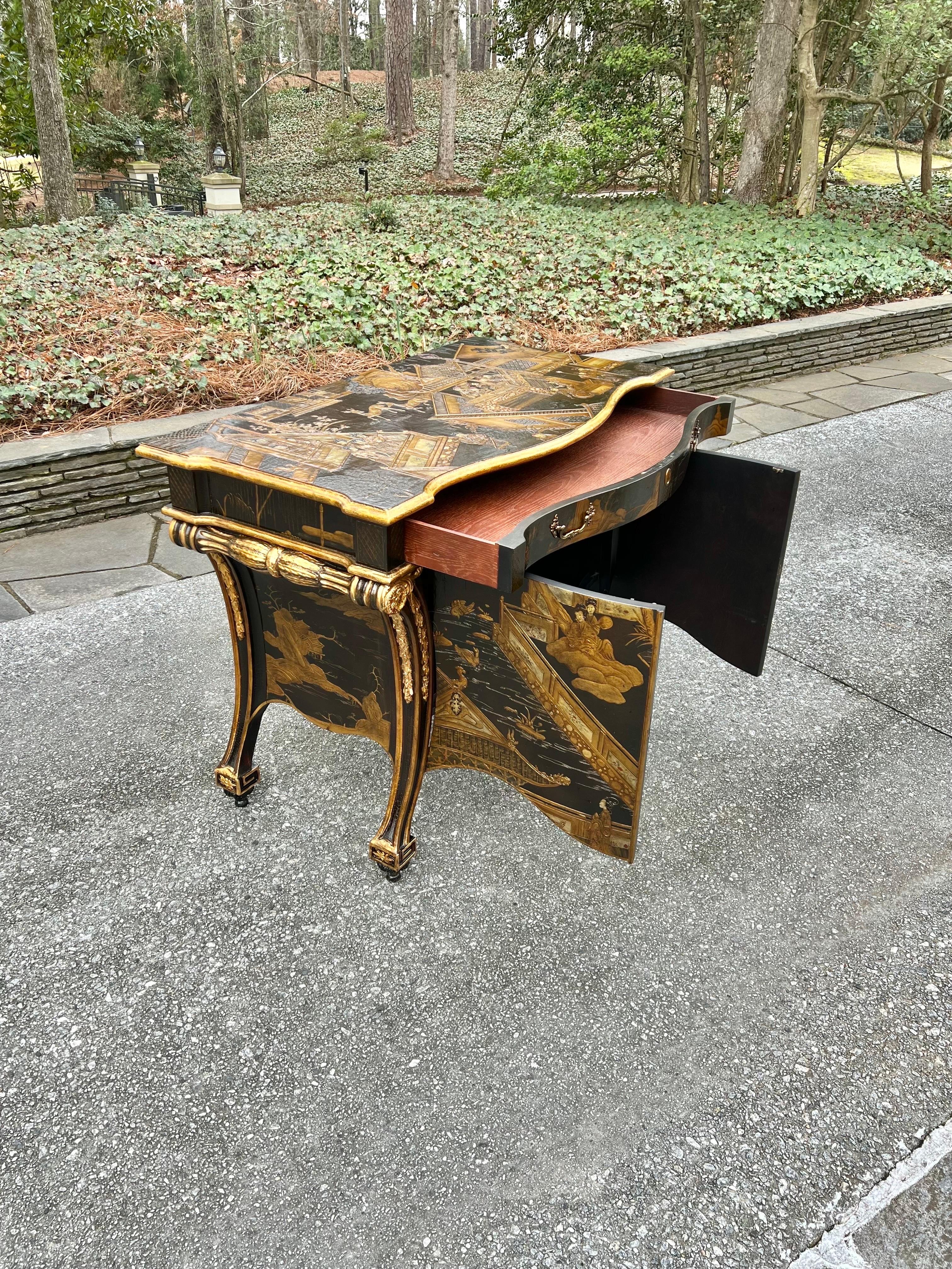 Exquisite Hand Painted Chippendale chinoiserie Commode in Black Lacquer by Baker For Sale 6