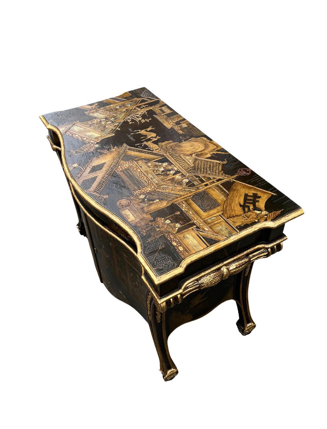 Exquisite Hand Painted Chippendale chinoiserie Commode in Black Lacquer by Baker For Sale 7