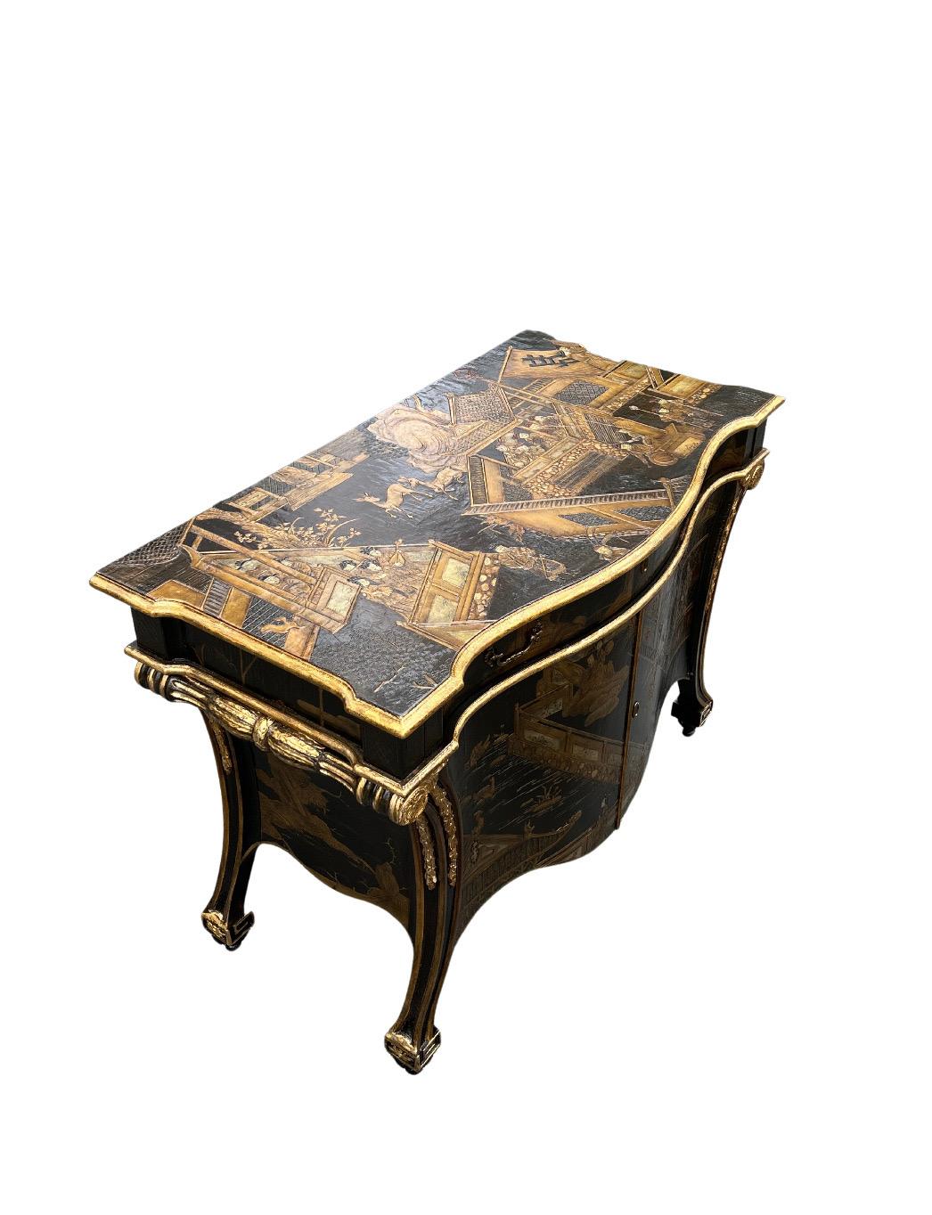 Exquisite Hand Painted Chippendale chinoiserie Commode in Black Lacquer by Baker For Sale 9