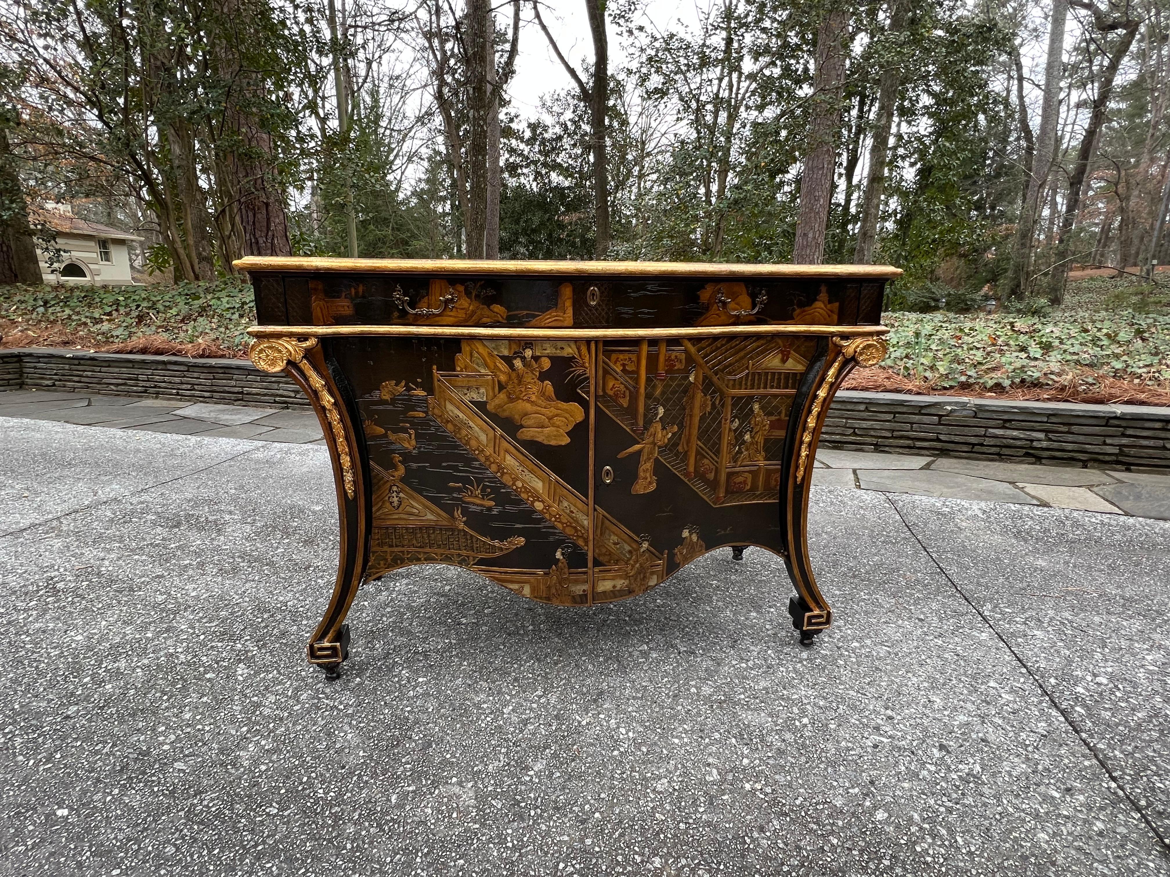 Exquisite Hand Painted Chippendale chinoiserie Commode in Black Lacquer by Baker For Sale 10
