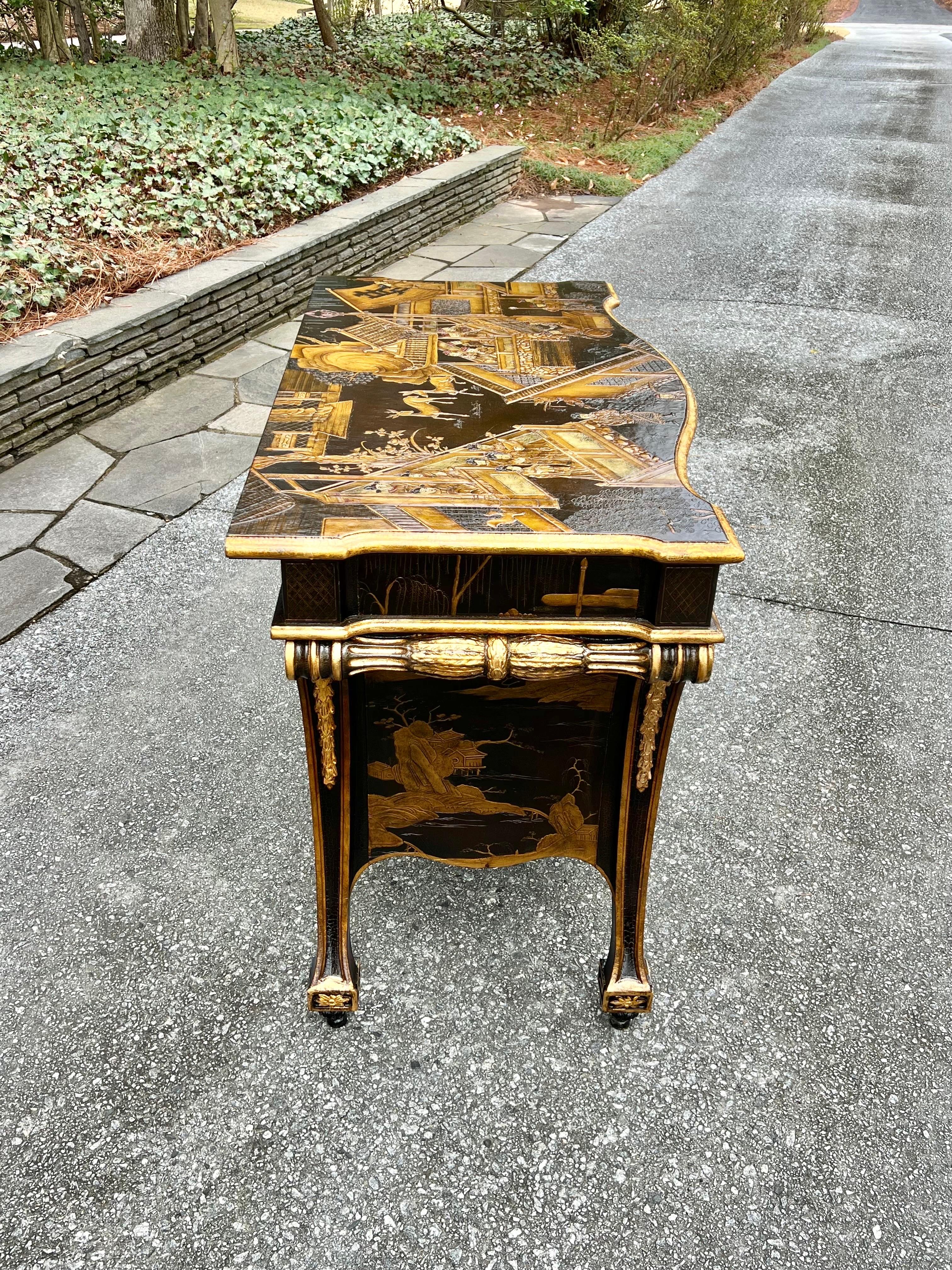 Exquisite Hand Painted Chippendale chinoiserie Commode in Black Lacquer by Baker In Excellent Condition For Sale In Atlanta, GA