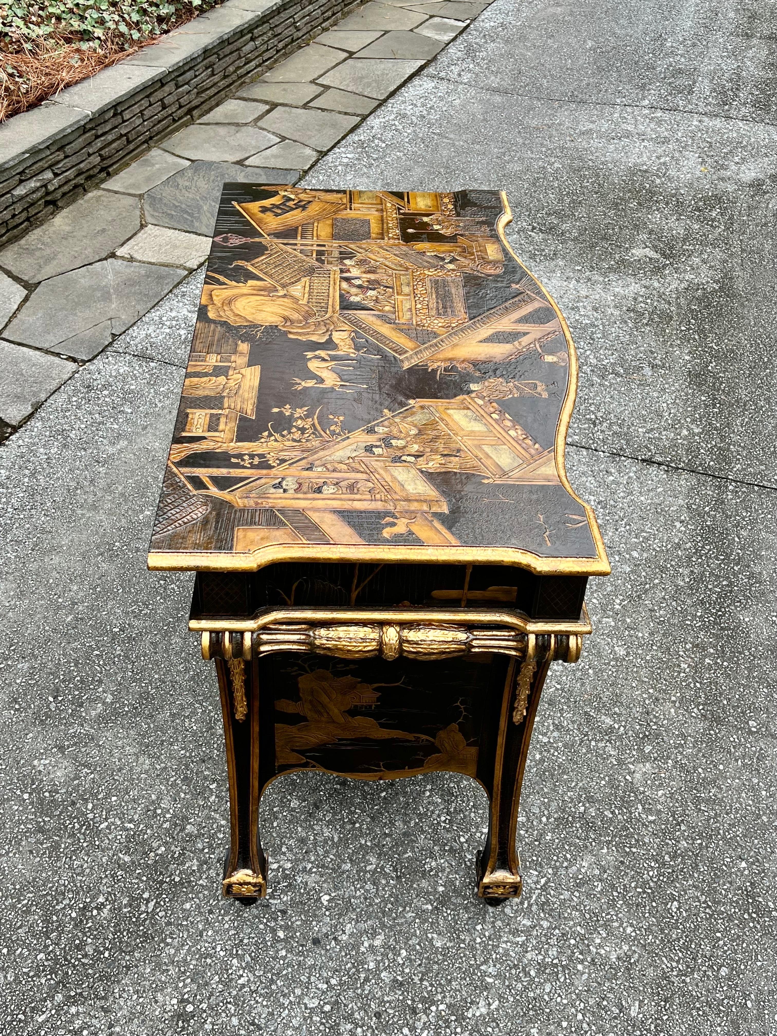 Late 20th Century Exquisite Hand Painted Chippendale chinoiserie Commode in Black Lacquer by Baker For Sale