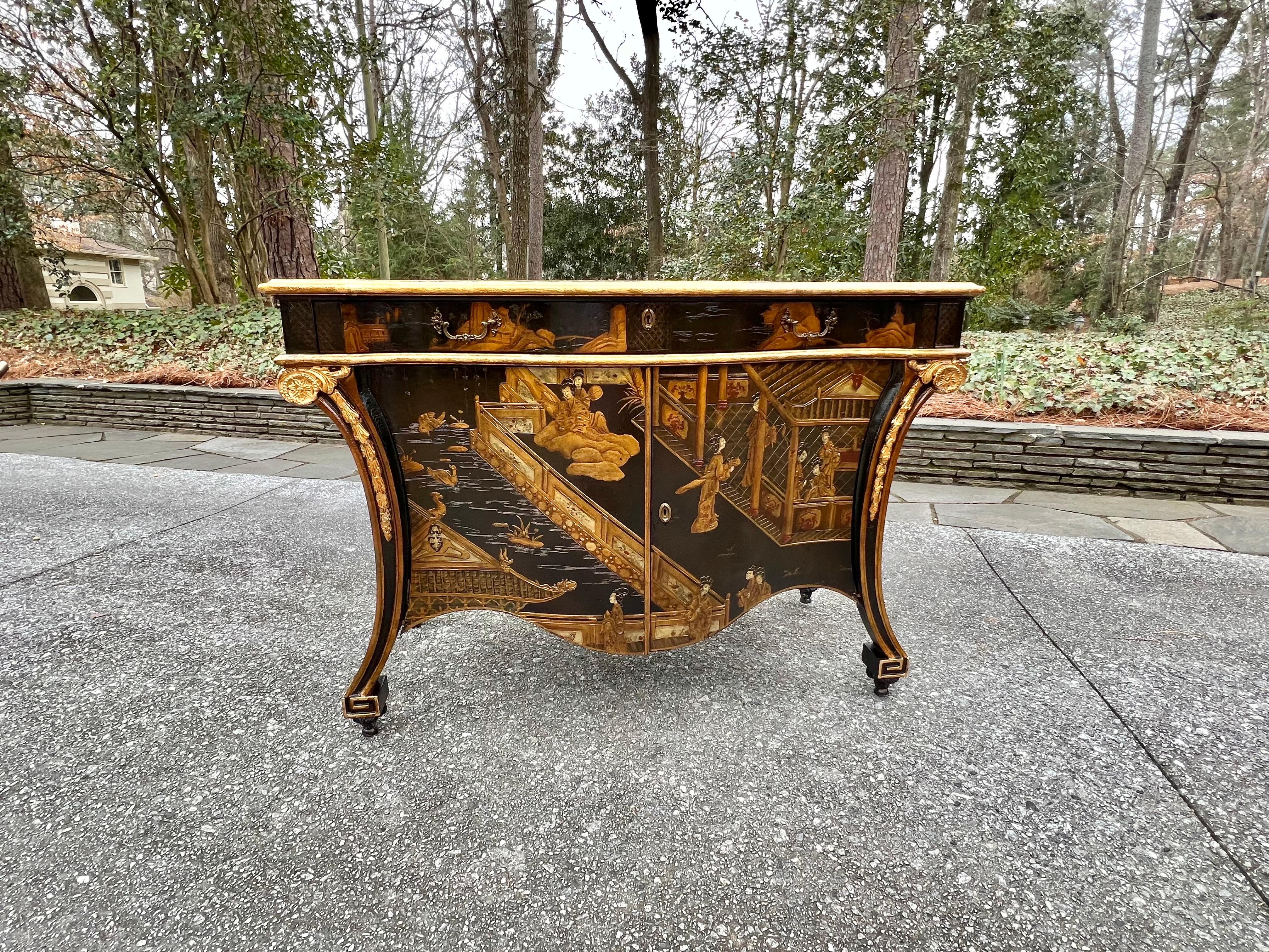 Mahogany Exquisite Hand Painted Chippendale chinoiserie Commode in Black Lacquer by Baker For Sale