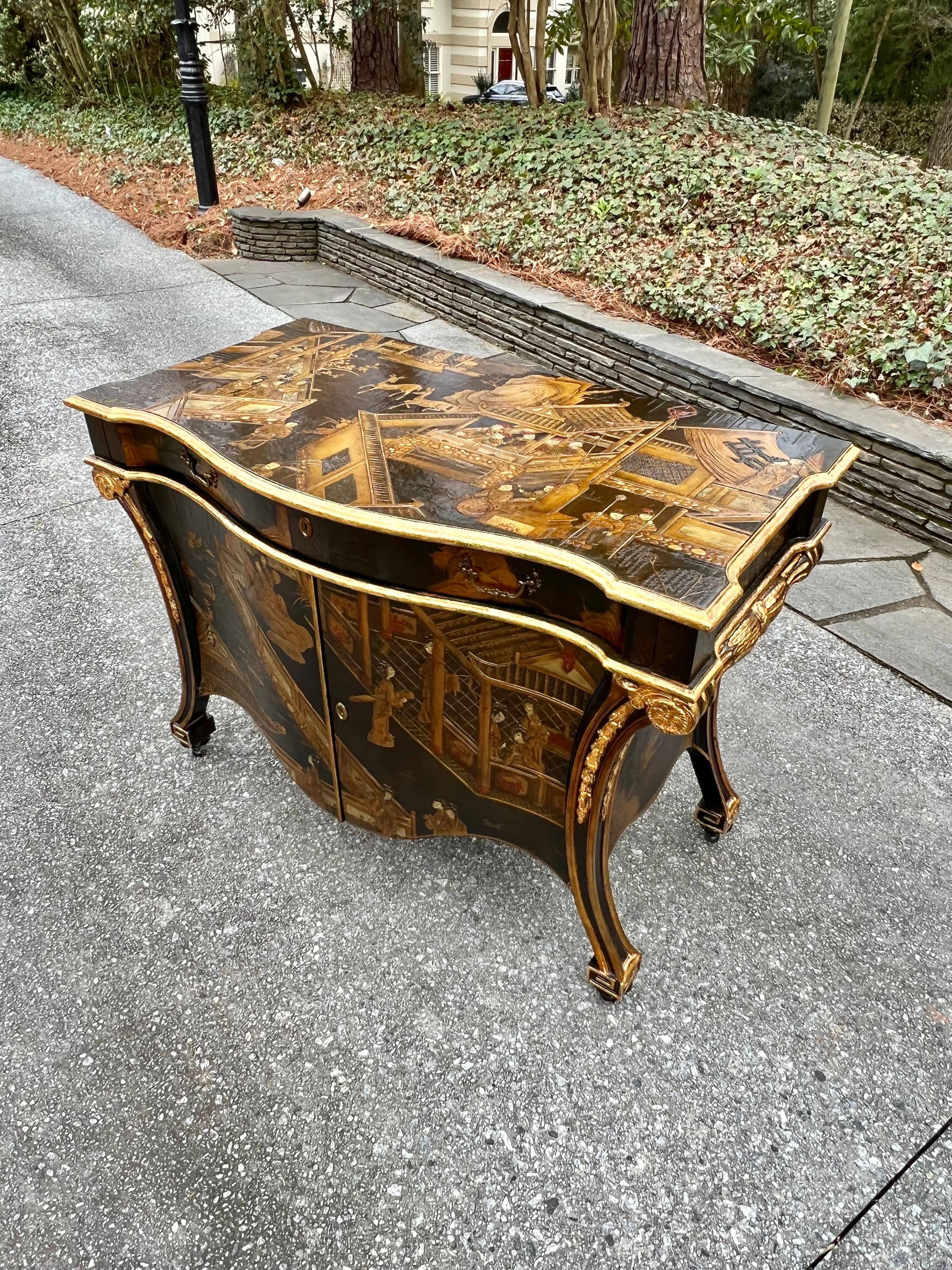 Exquisite Hand Painted Chippendale chinoiserie Commode in Black Lacquer by Baker For Sale 2