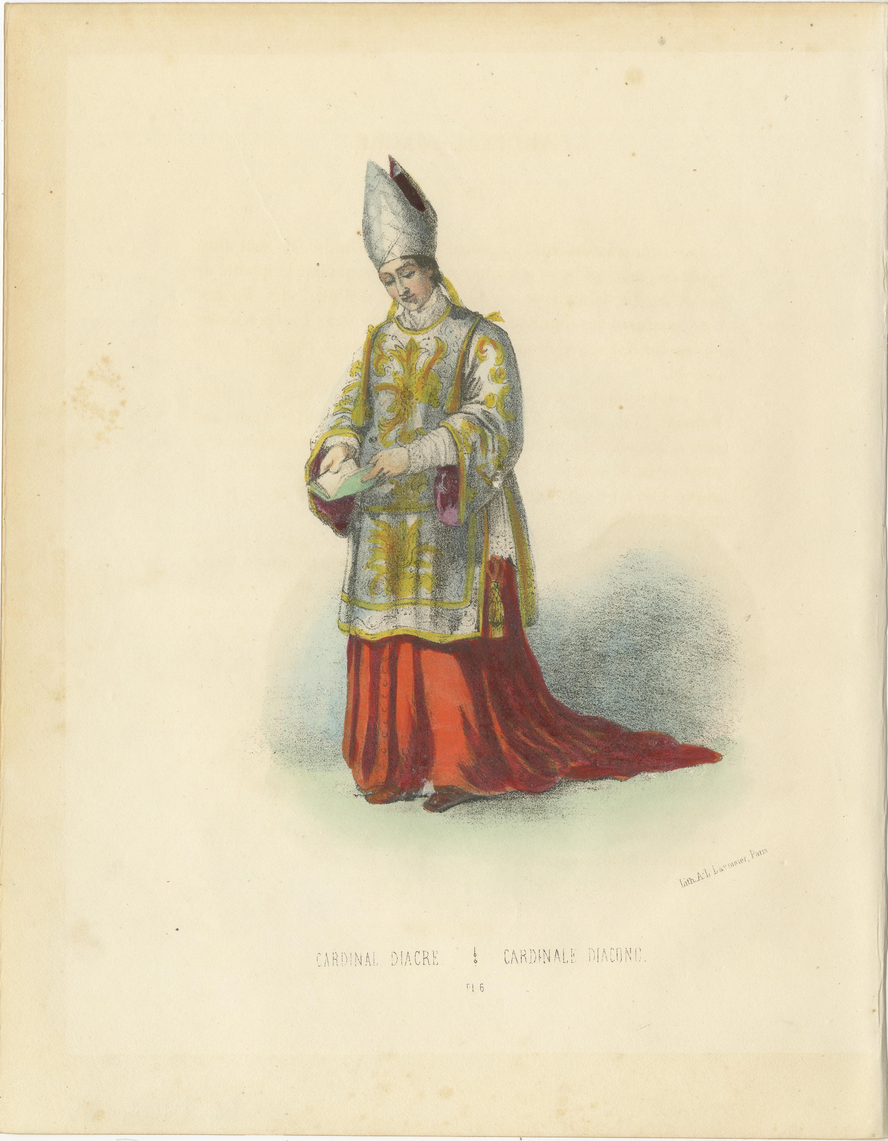 Cardinale Diacre (Cardinale Diacono), Targa 6, 1862  

Questa splendida litografia colorata a mano, *Cardinal Diacre* (Cardinale Diacono), Plate 6 da *Album ou Collection Complète, et Historique des Costumes de la Cour de Rome* di G. Perugini,