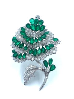 Exquisite Handmade Platinum Diamond and Emerald Flower Brooch