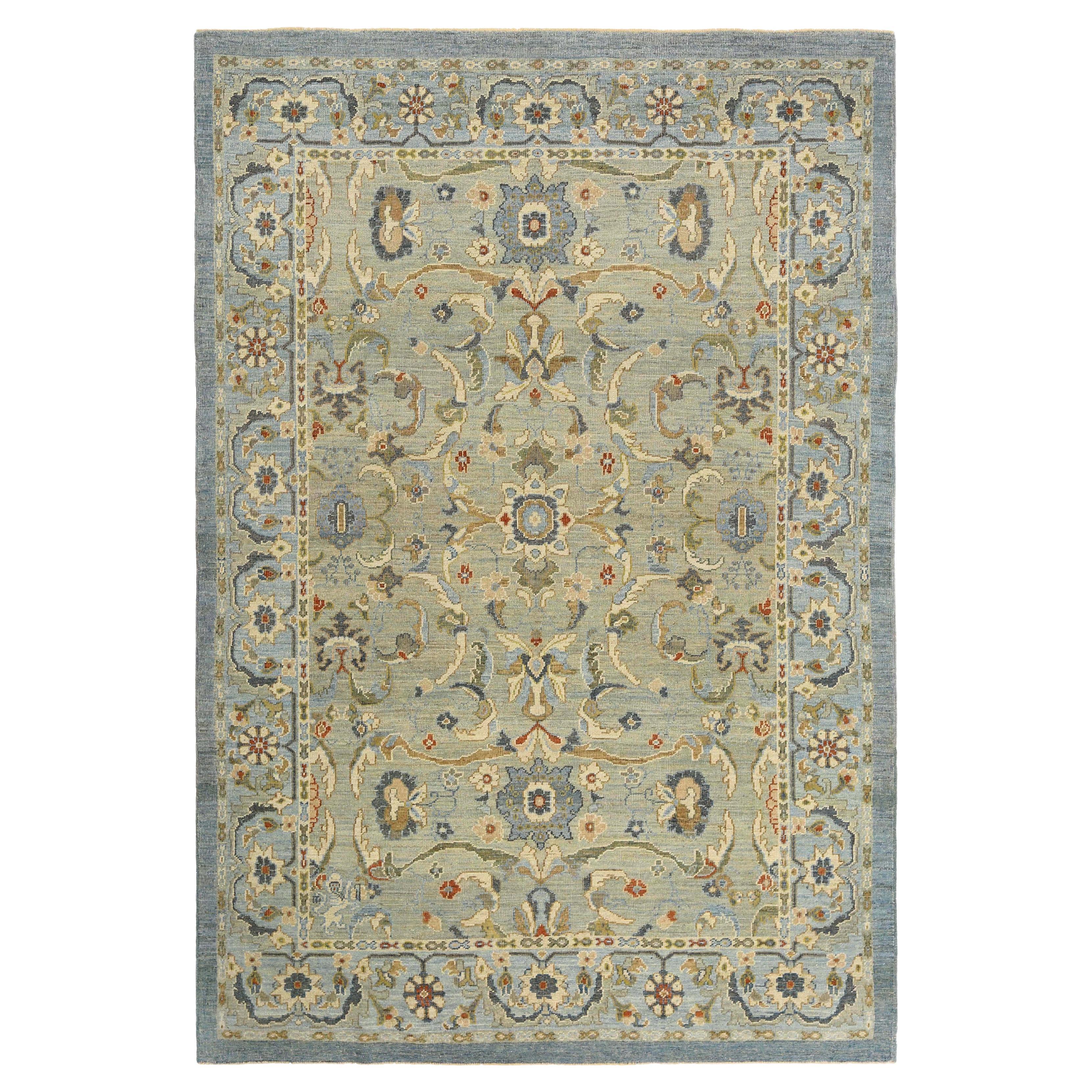Afghanistan Sultanabad Area Rugs Circa 1990 - Wool Blue Ivory Design - 95559 For Sale