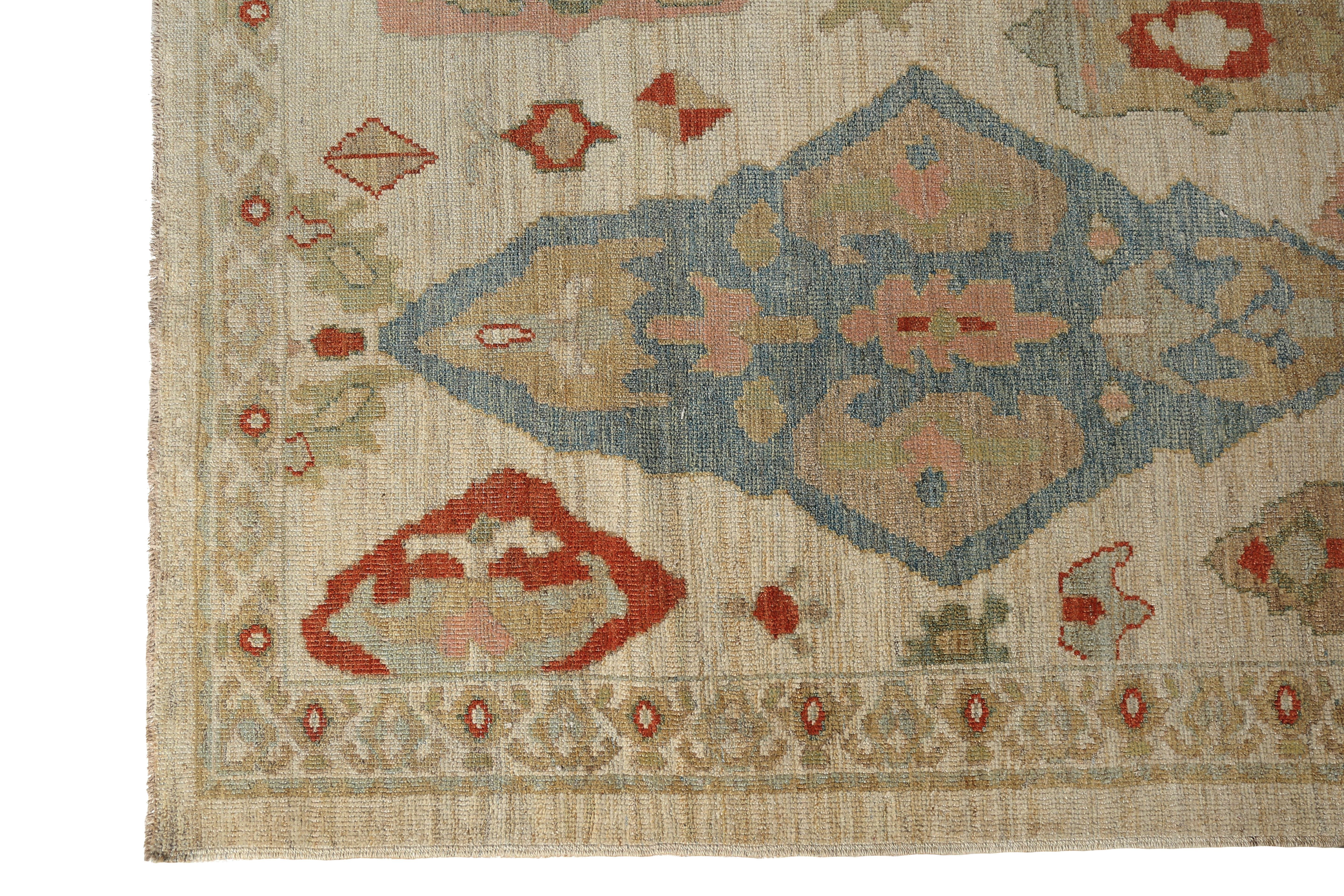 Introducing our exquisite handmade Turkish Sultanabad runner rug! This stunning piece features a beige background with a minimal border, allowing the vibrant colors in the design to truly shine. The intricate pattern showcases a beautiful array of