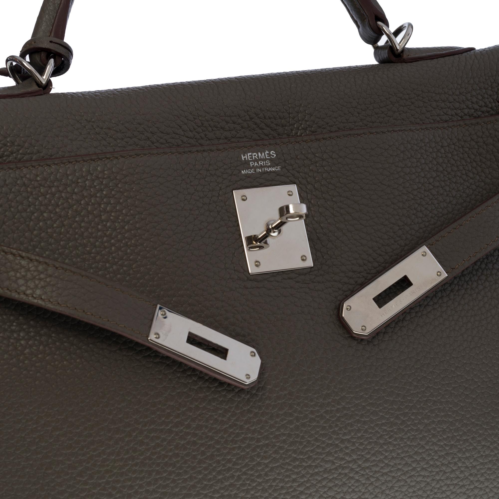 Gray Exquisite Hermès Kelly 32cm retourne handbag strap in Etain Togo leather, SHW
