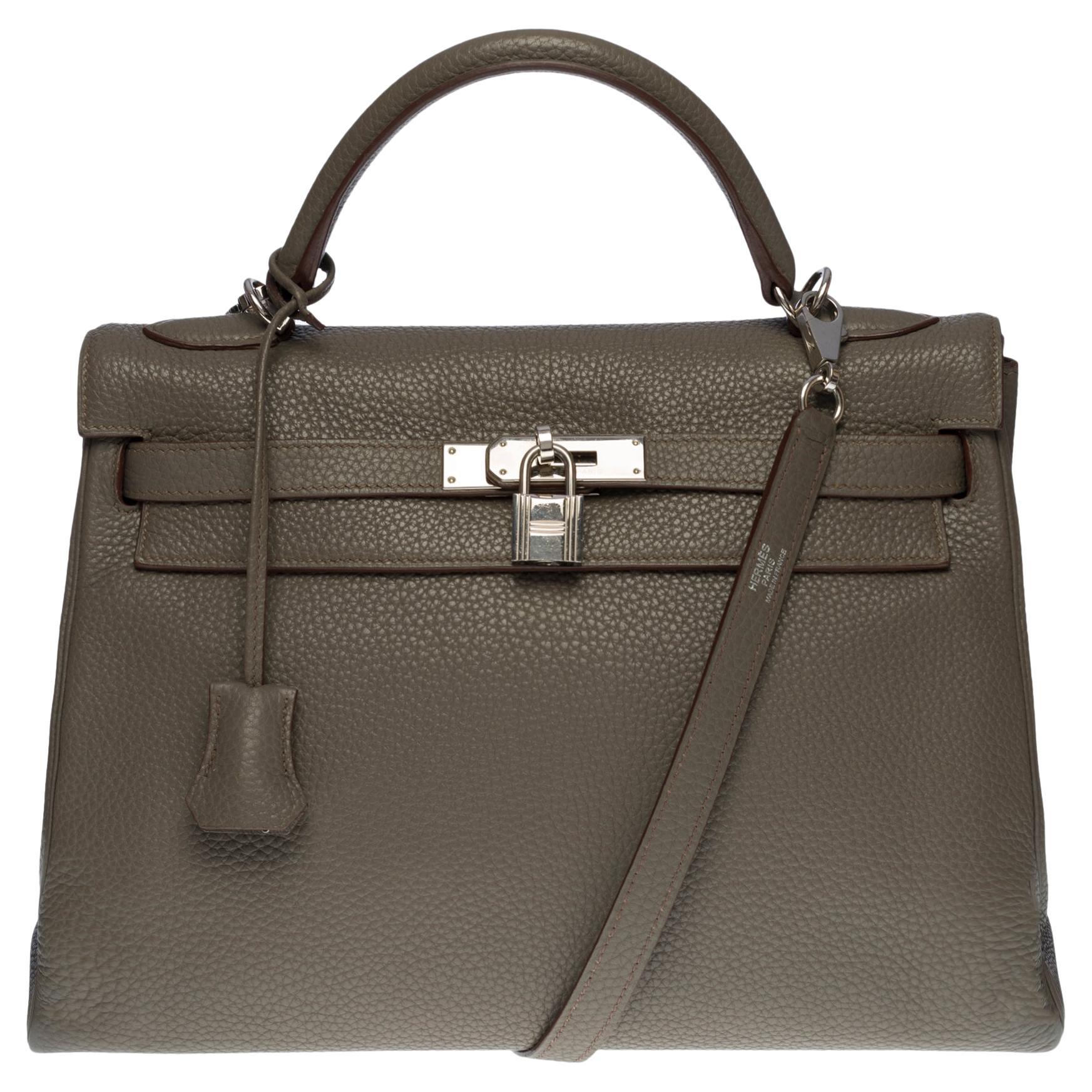 Exquisite Hermès Kelly 32cm retourne handbag strap in Etain Togo leather, SHW